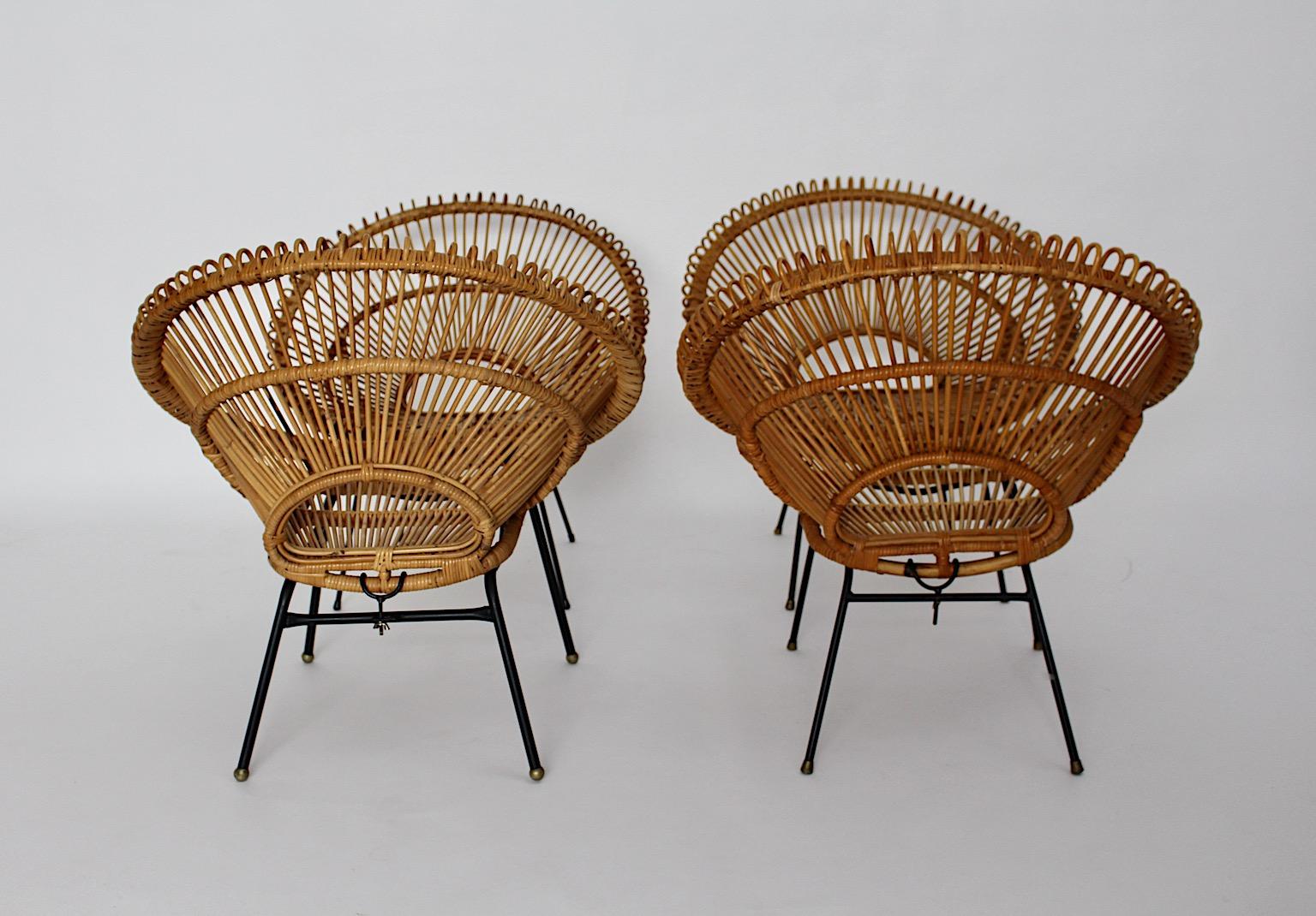 Mid-Century Modern Riviera Style Four Rattan Patio Lounge Chairs c 1960 France For Sale 2