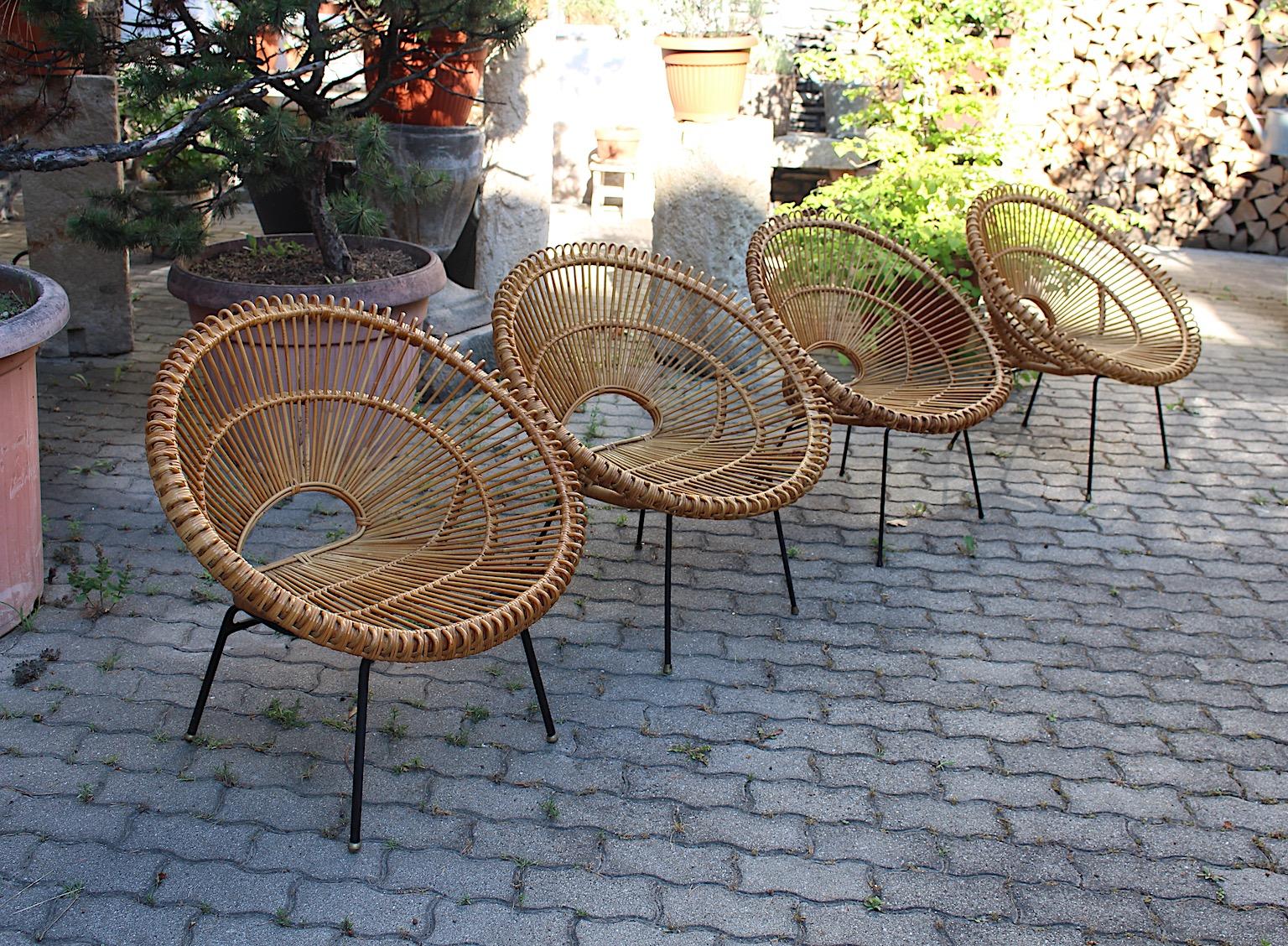 Mid-Century Modern Riviera Style Four Rattan Patio Lounge Chairs c 1960 France For Sale 3