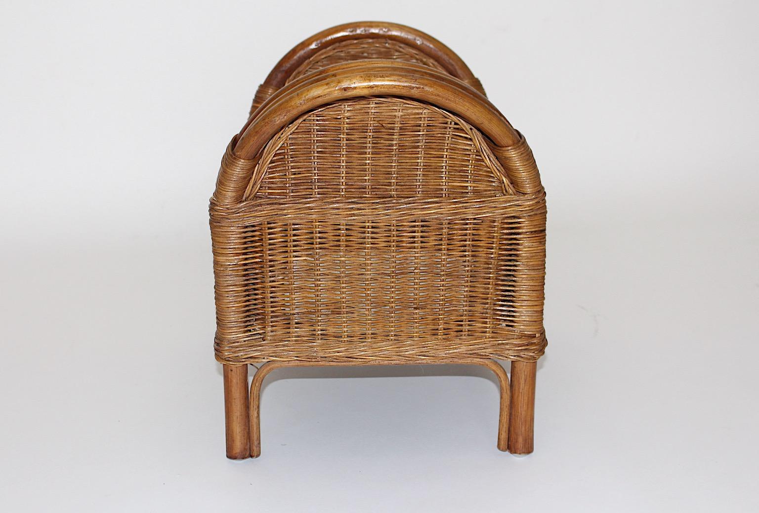 Mid-Century Modern Riviera Style Vintage Brown Rattan Wicker Stool 1950s Austria For Sale 2