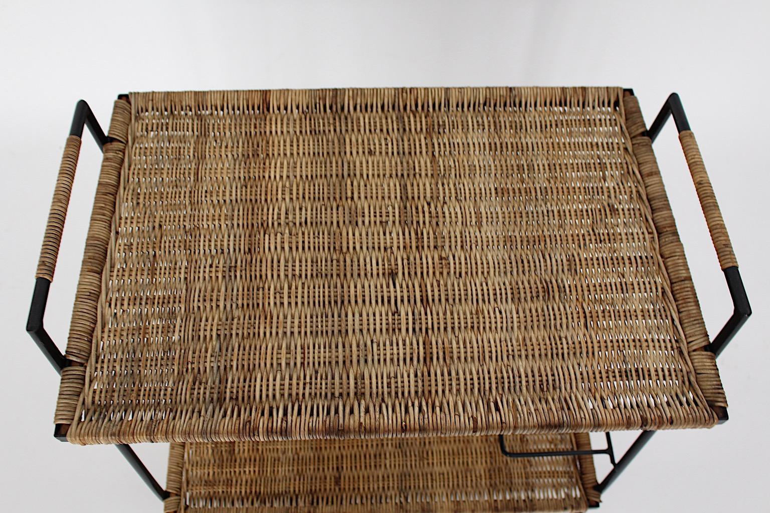 Mid-Century Modern Riviera Style Vintage Rattan Black Metal Bar Cart, 1950s 4