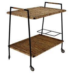 Mid-Century Modern Riviera Stil Vintage Rattan Schwarz Metall Barwagen, 1950er Jahre