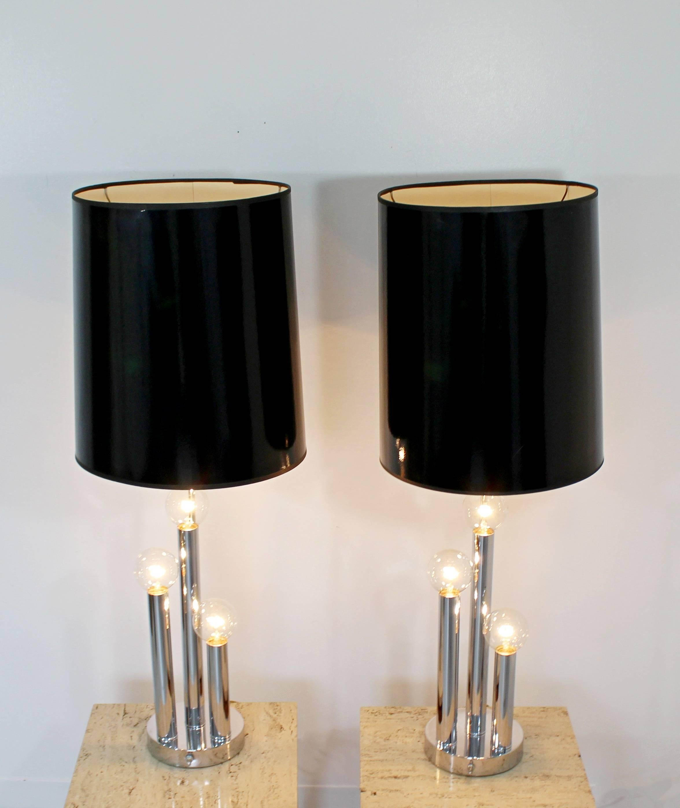Late 20th Century Mid-Century Modern Robert Sonneman Pair of Chrome Three Bulb Table Lamps 1970s