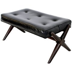 Mid-Century Modern Robsjohn Gibbings Trestle X Base Black Leather Tufted Bench