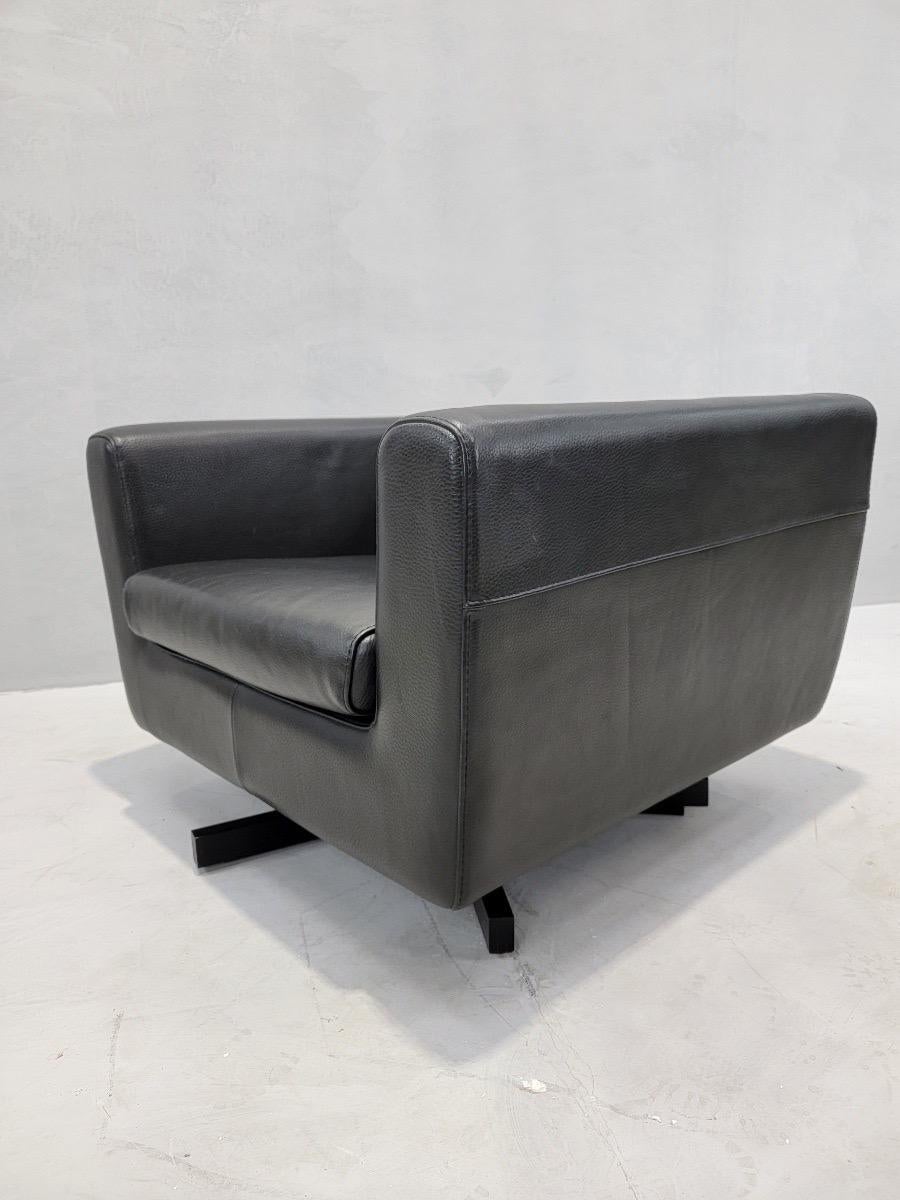 French Mid Century Modern Roche Bobois Swivel Lounge Chair in Black Leather For Sale