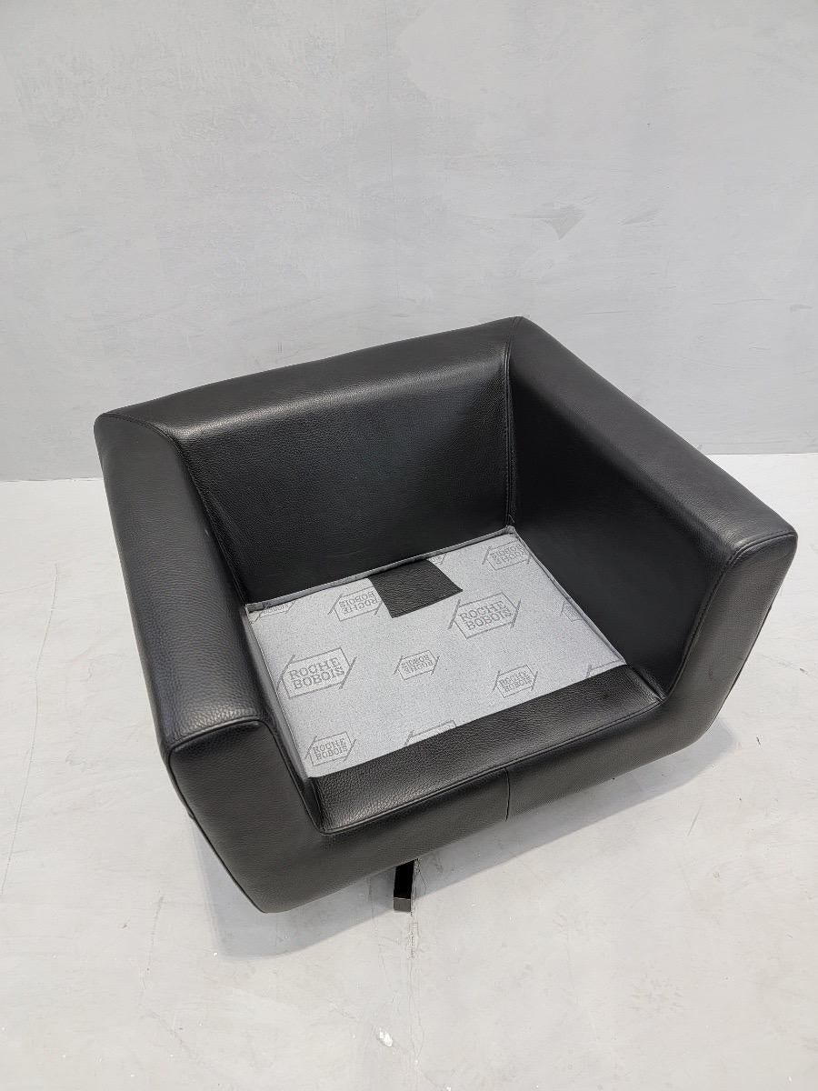 Steel Mid Century Modern Roche Bobois Swivel Lounge Chair in Black Leather For Sale