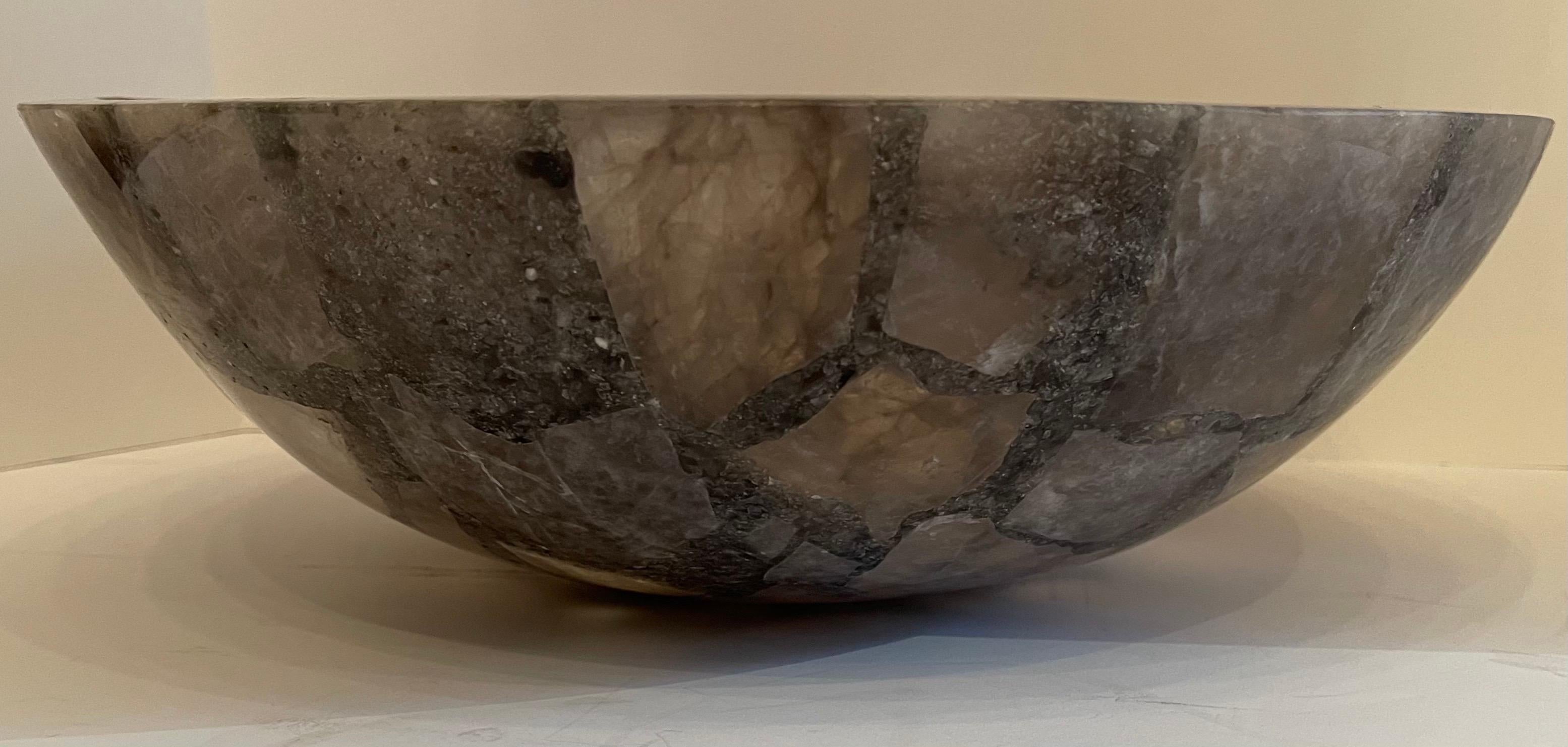 Italian Mid-Century Modern Rock Crystal Round Natural Smoke Grey Tea Quartz Centerpiece For Sale