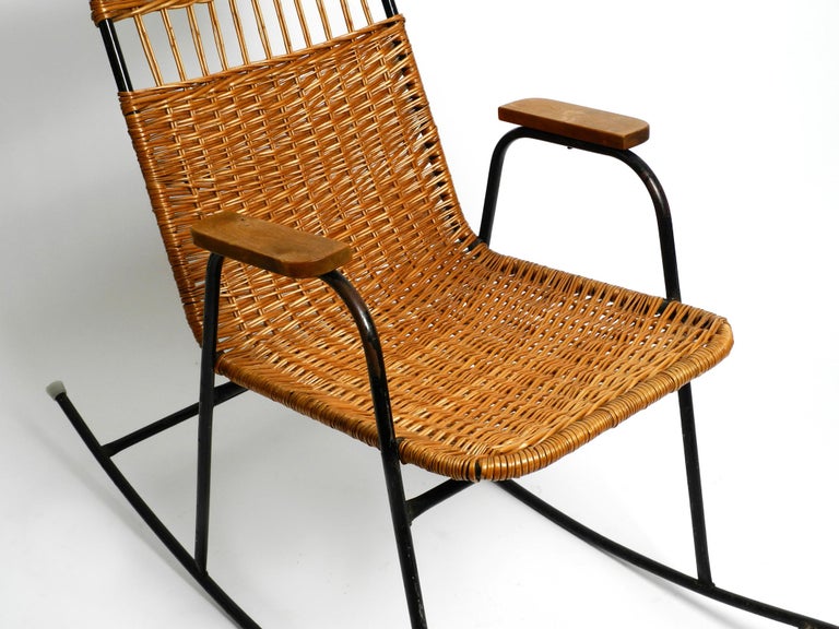 Mid-Century Modern Rocking Chair Made of Black Painted Metal and Rattan ...
