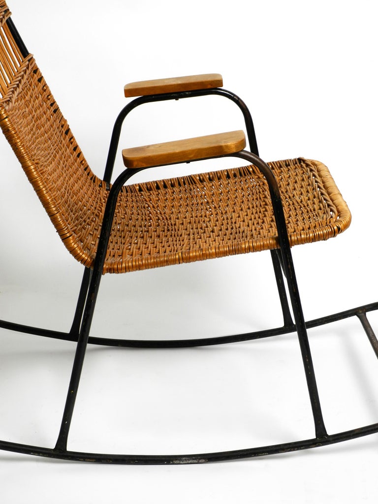Mid-Century Modern Rocking Chair Made of Black Painted Metal and Rattan ...