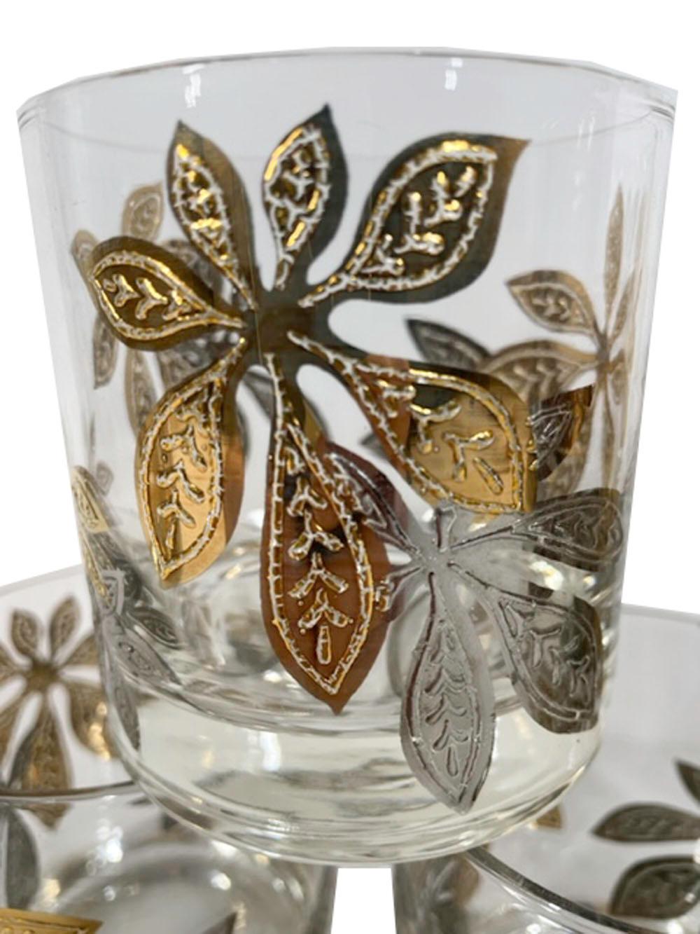 American Mid-Century Modern Rocks Glasses by Culver, LTD. with Leaves in Gold and Silver For Sale