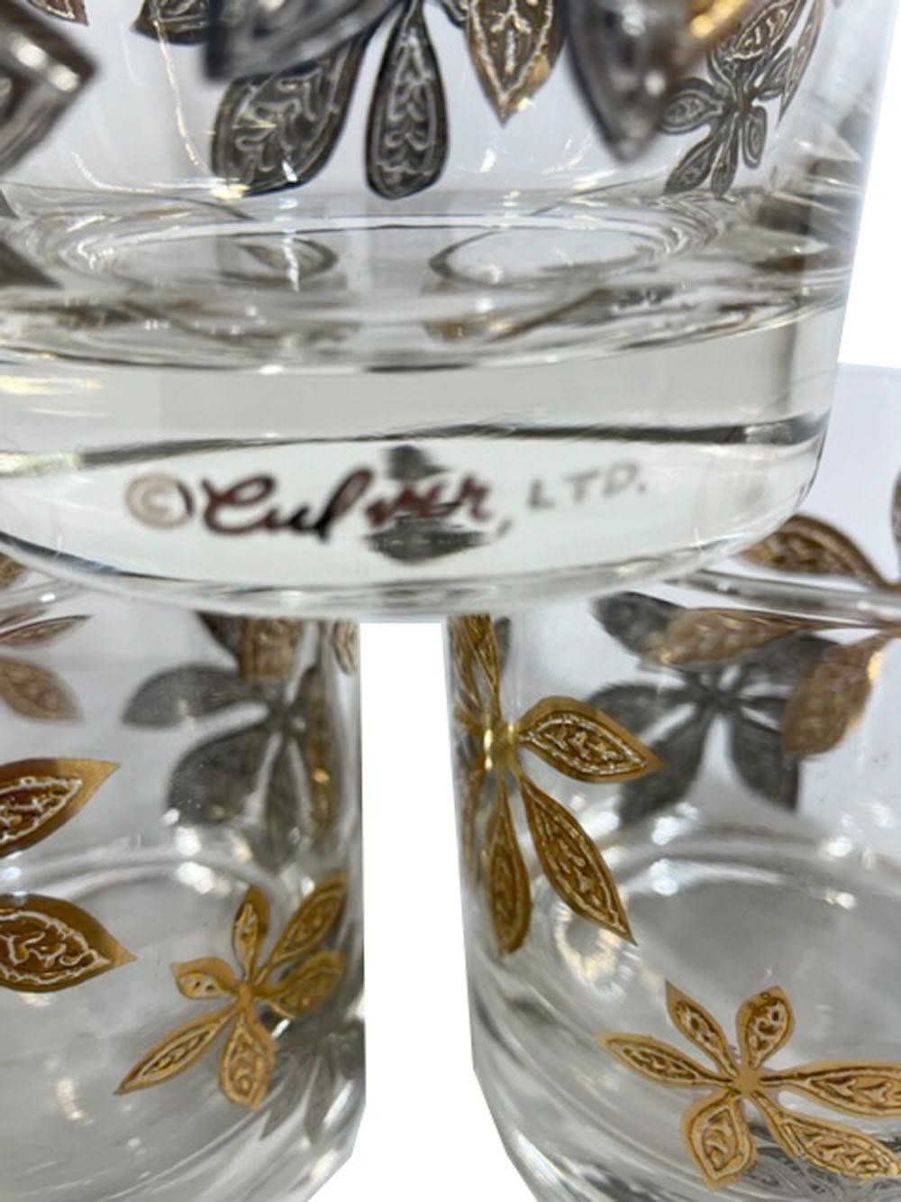 Mid-Century Modern Rocks Glasses by Culver, LTD. with Leaves in Gold and Silver In Good Condition For Sale In Nantucket, MA
