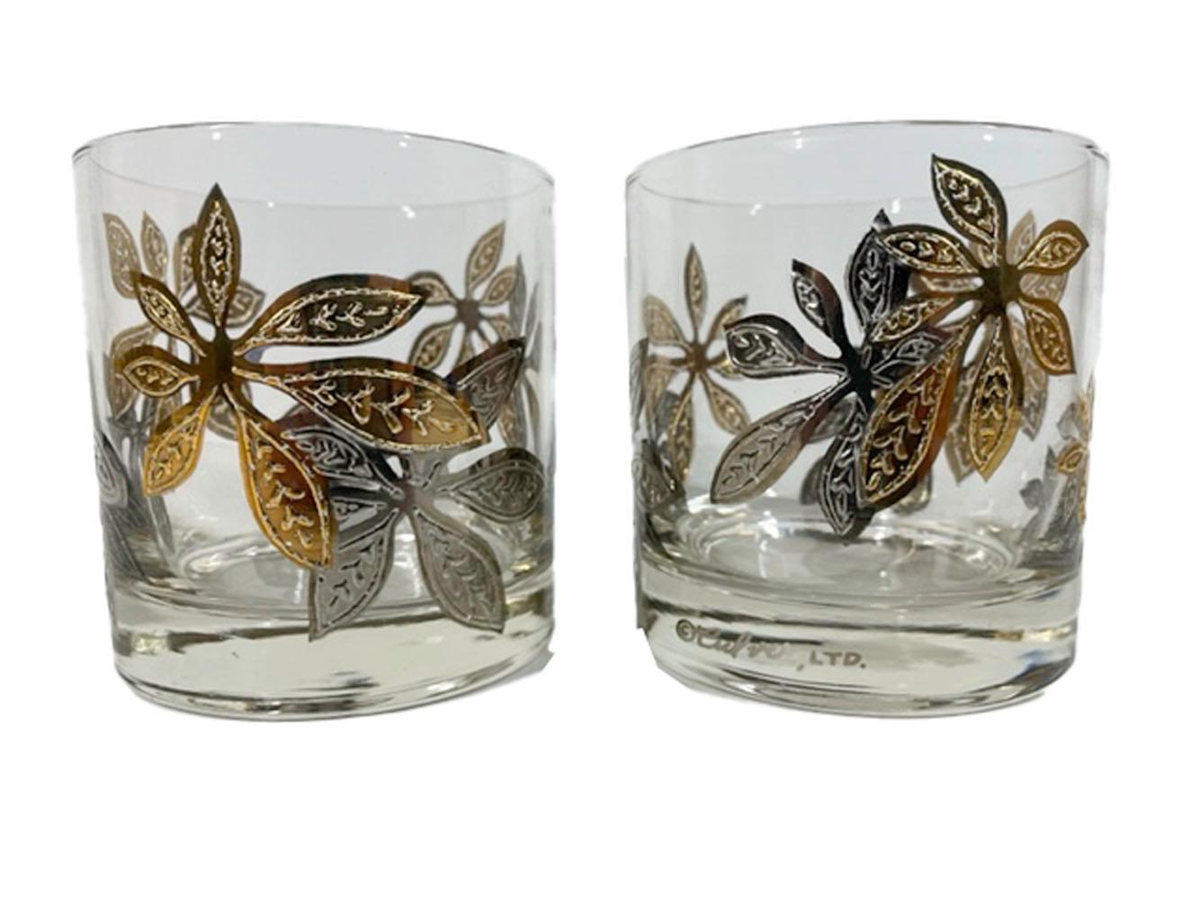 Mid-Century Modern Rocks Glasses by Culver, LTD. with Leaves in Gold and Silver For Sale 1