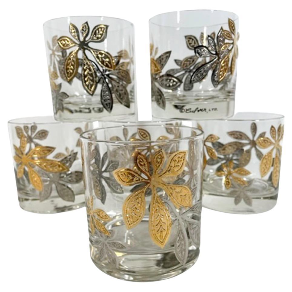 Mid-Century Modern Rocks Glasses by Culver, LTD. with Leaves in Gold and Silver For Sale