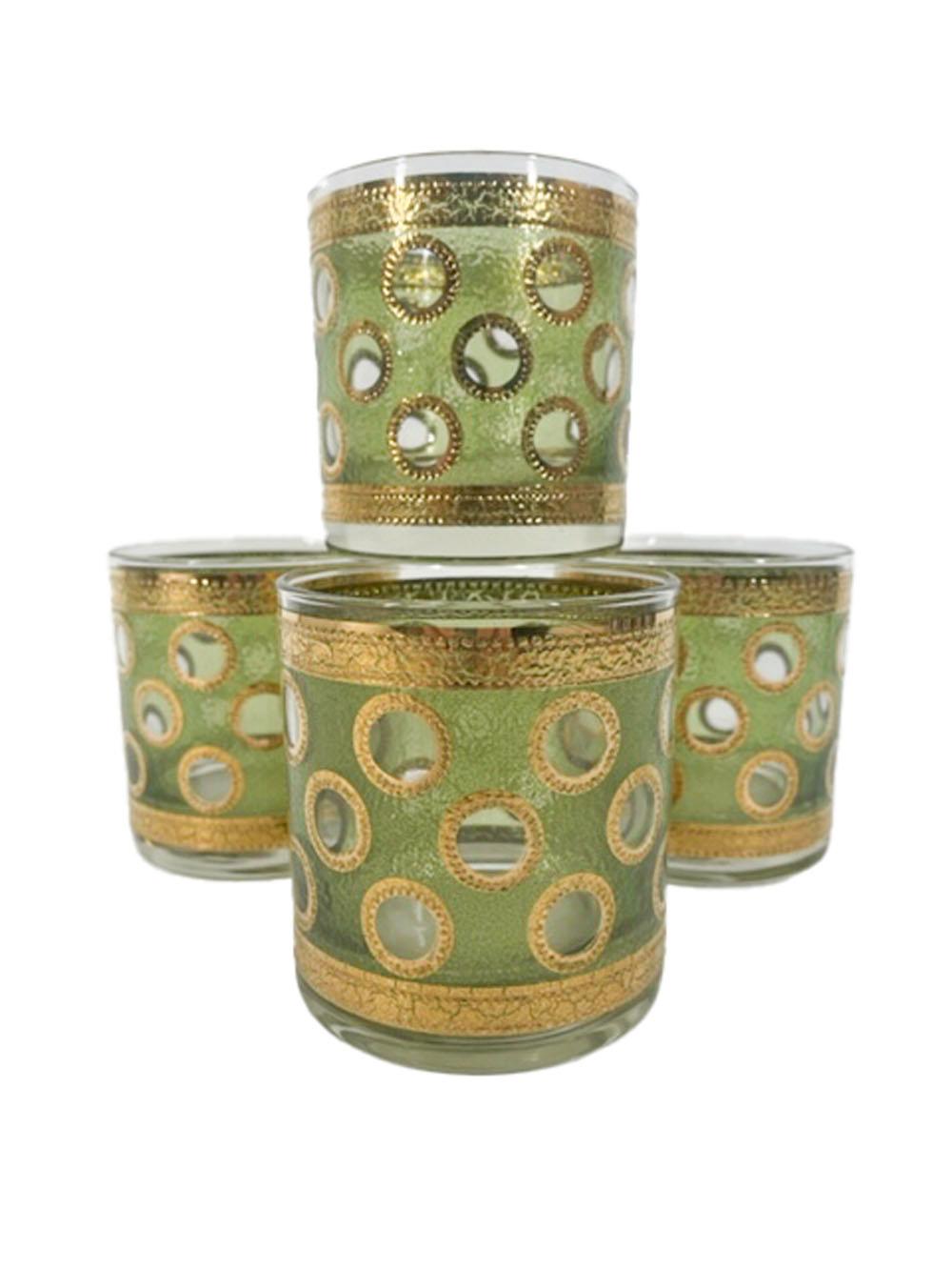 American Mid-Century Modern Rocks Glasses with Translucent Green Enamel and 22k Gold