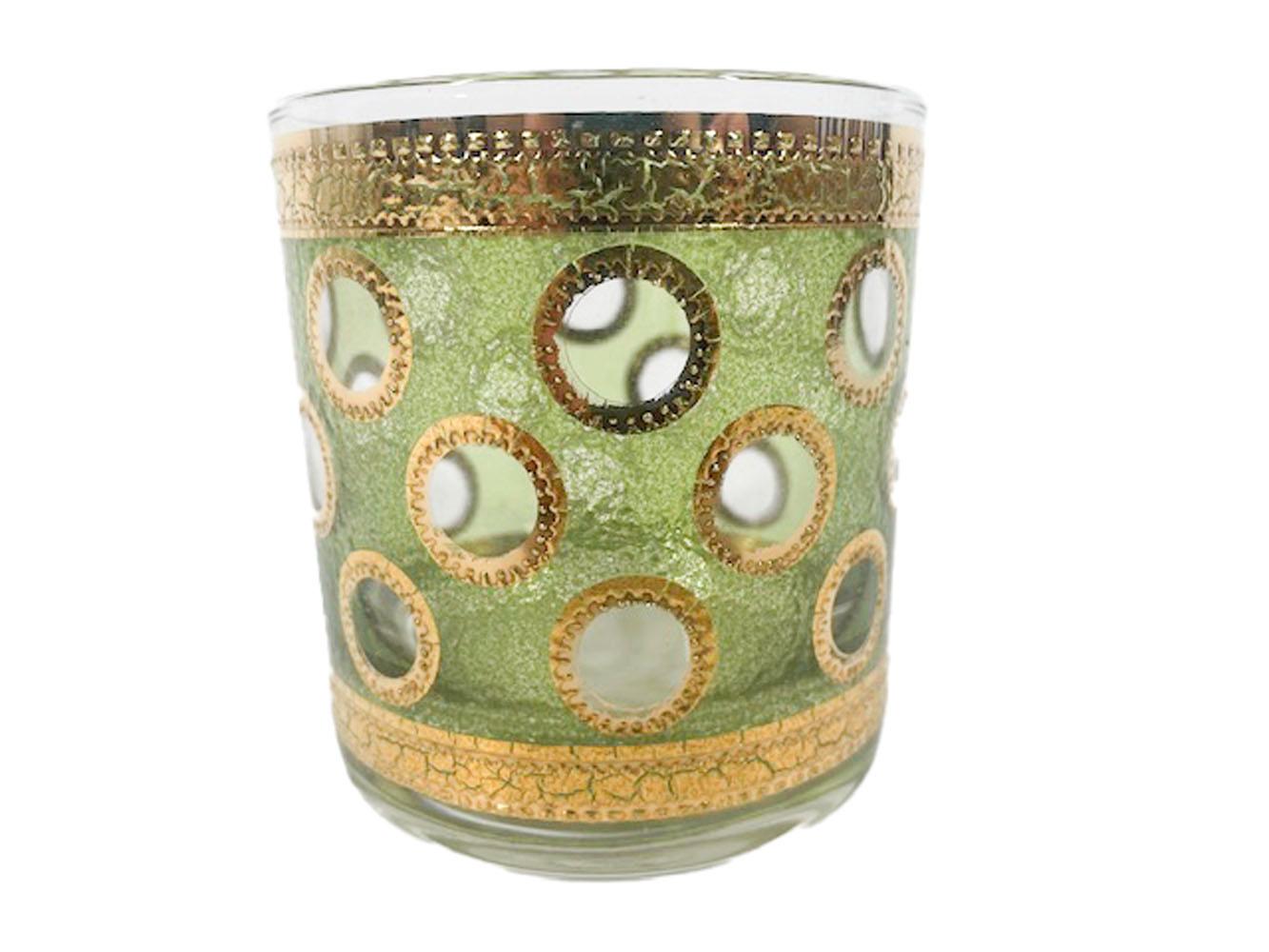 20th Century Mid-Century Modern Rocks Glasses with Translucent Green Enamel and 22k Gold