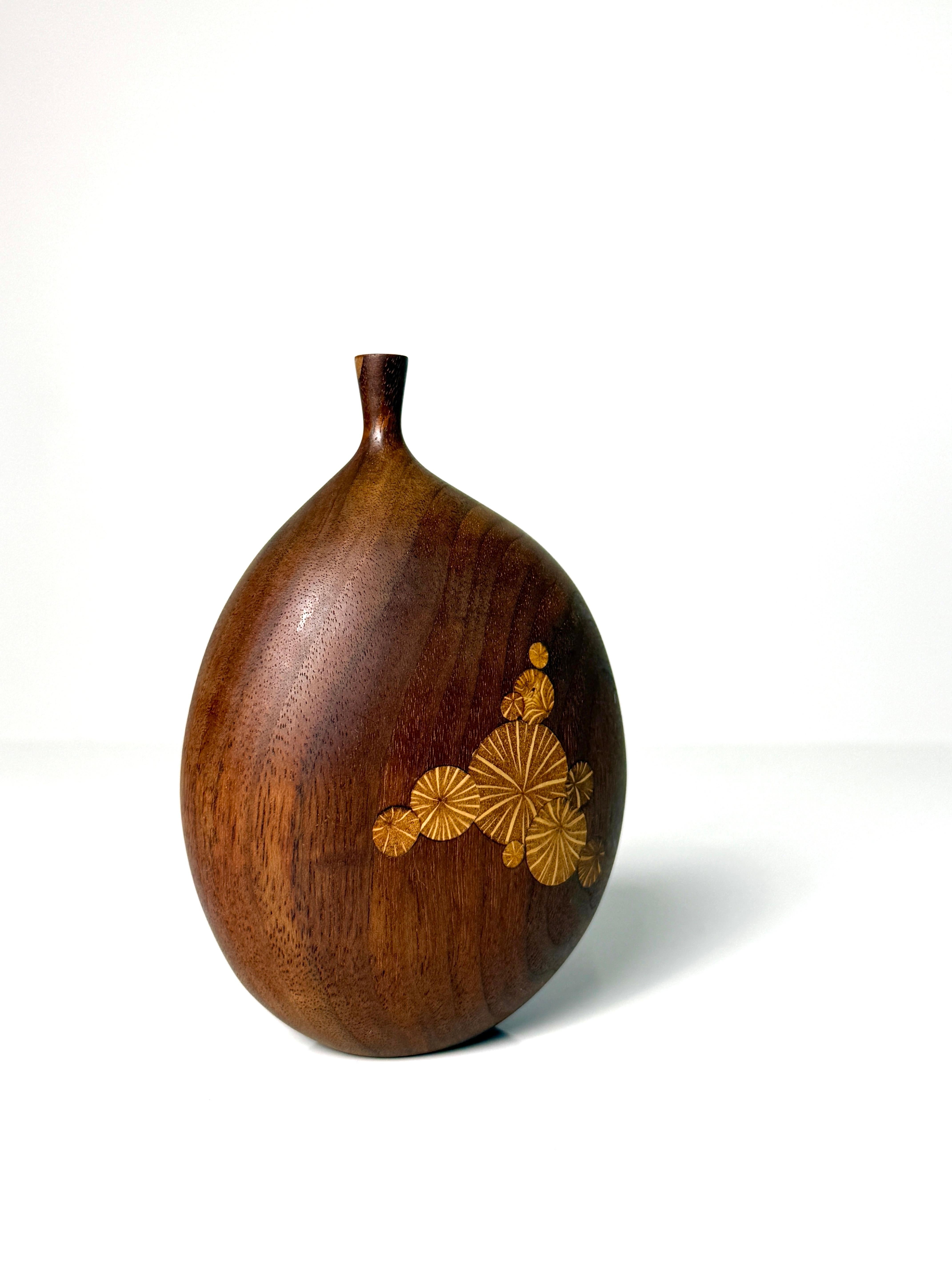 American Mid Century Modern Roger Sloan Turned Walnut Inlaid Weed Pot Twig Vase 1970s For Sale