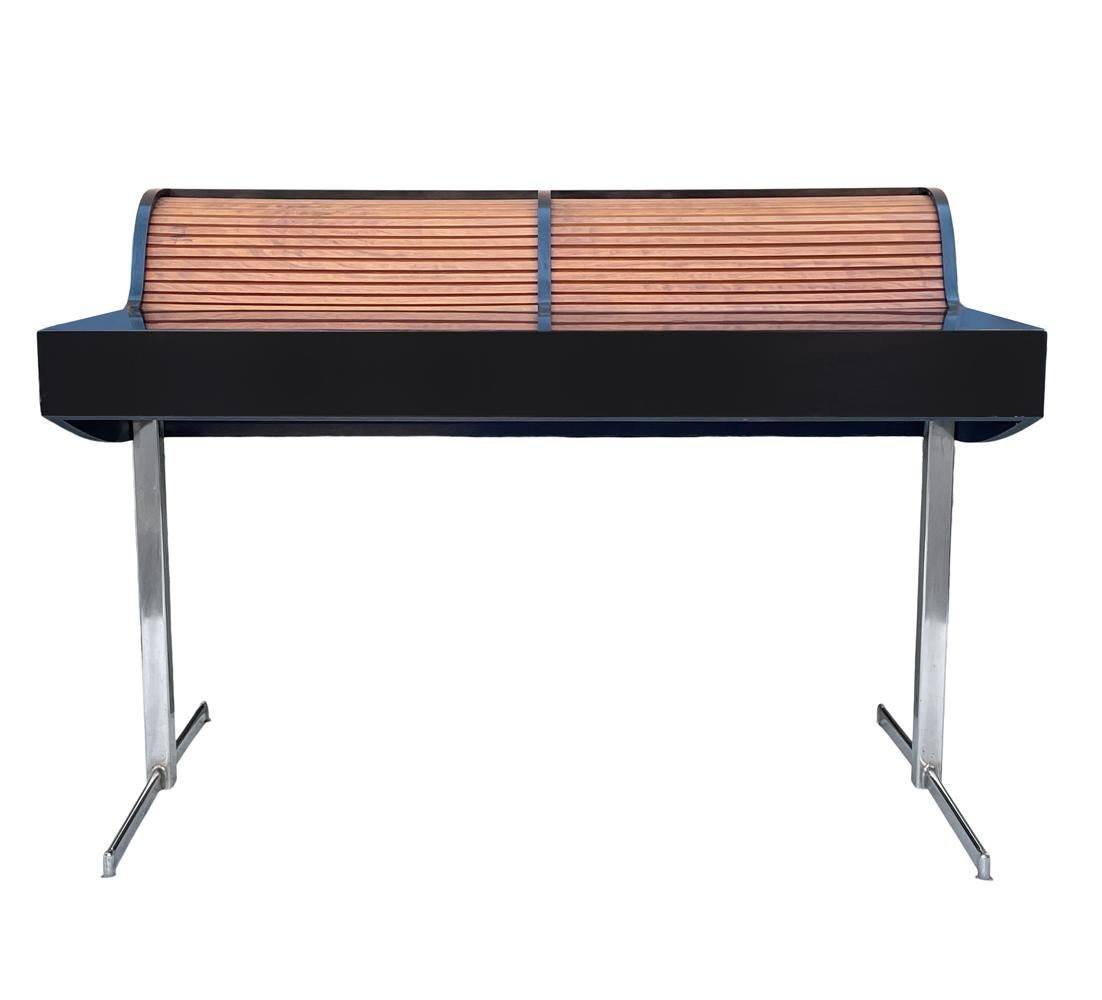 Mid Century Modern Roll Top Desk in Black & Walnut after George Nelson In Good Condition In Philadelphia, PA