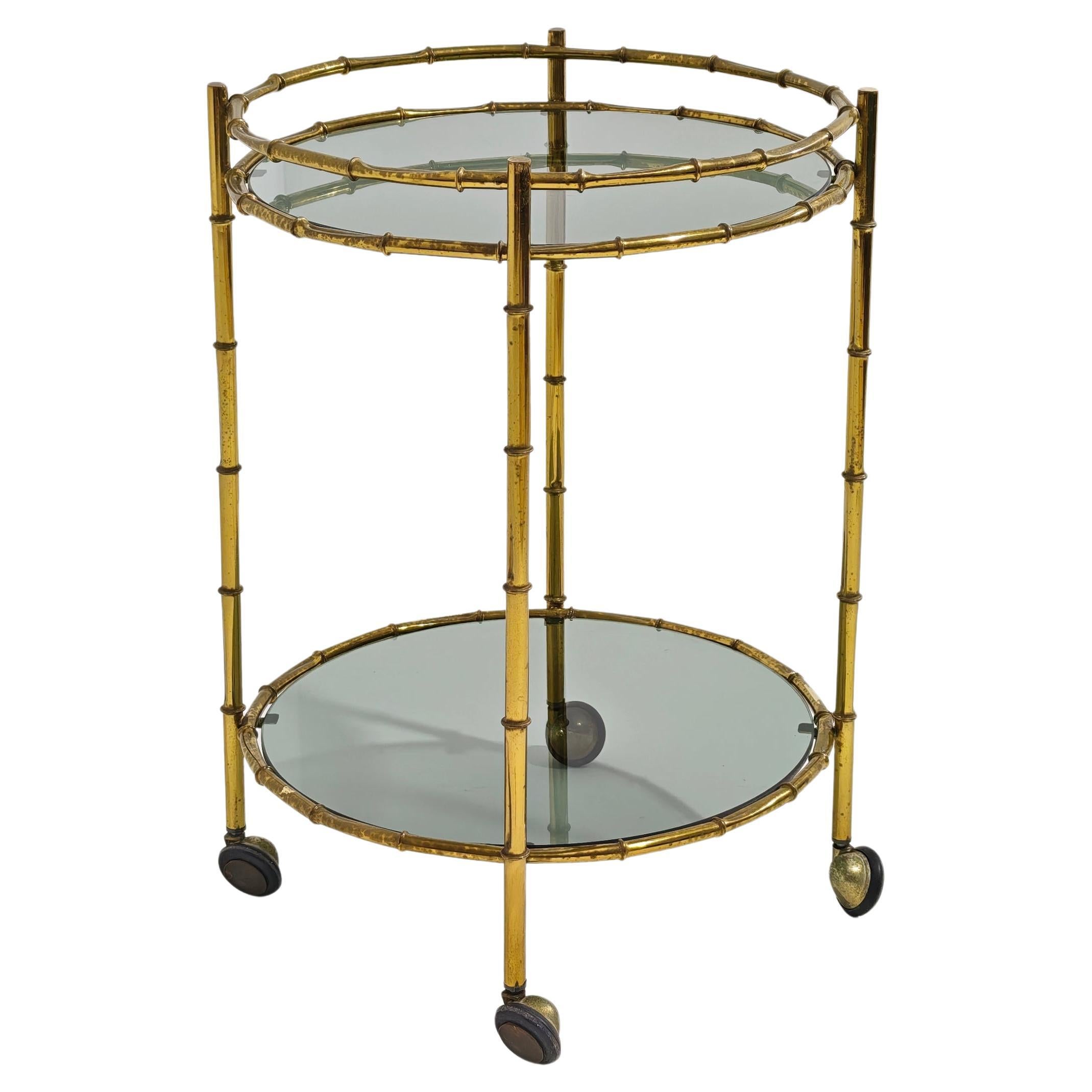 Mid-Century Modern Rolling Bar Cart in Brass and Glass Production Italy 60/70s