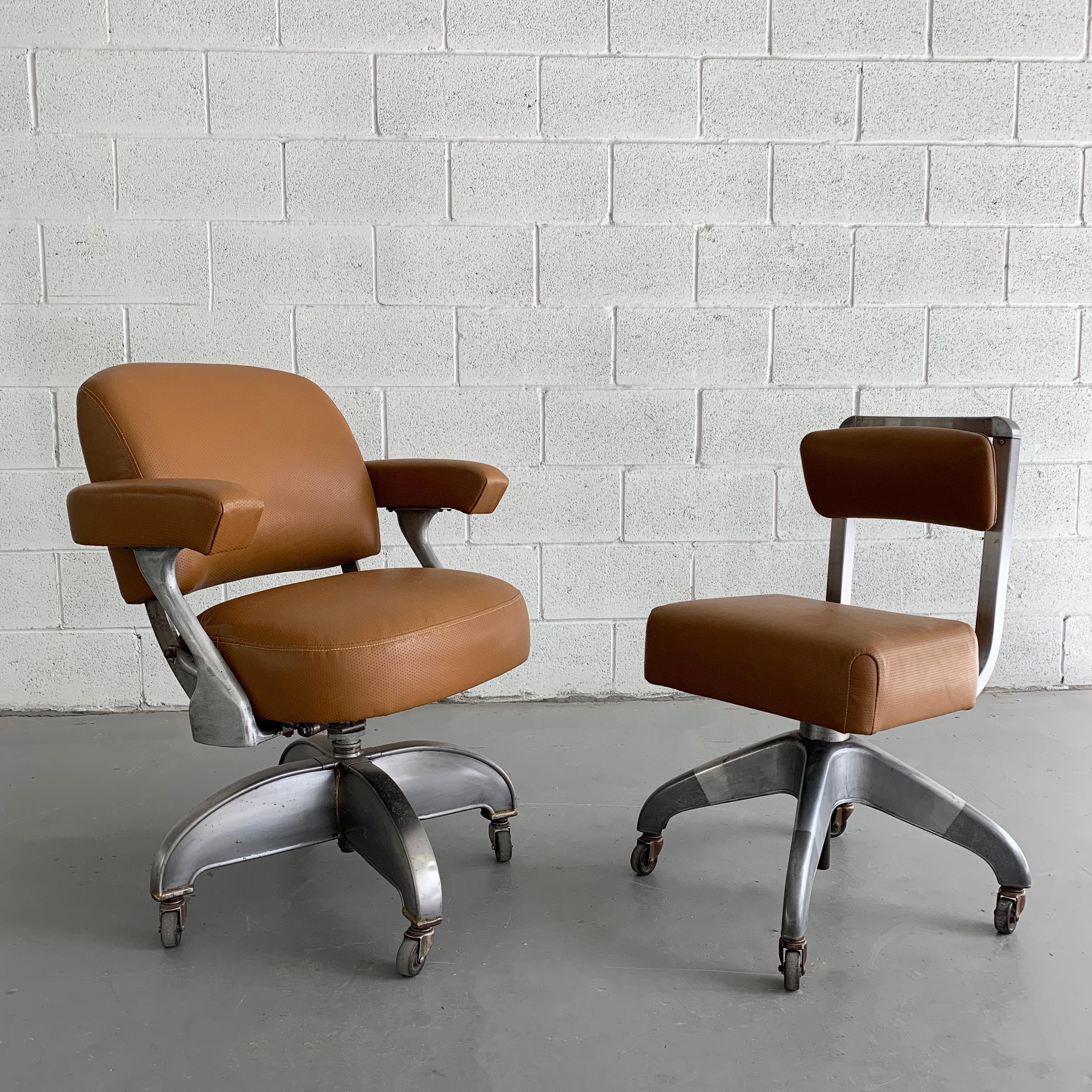 American Mid-Century Modern Rolling Leather Office Armchair