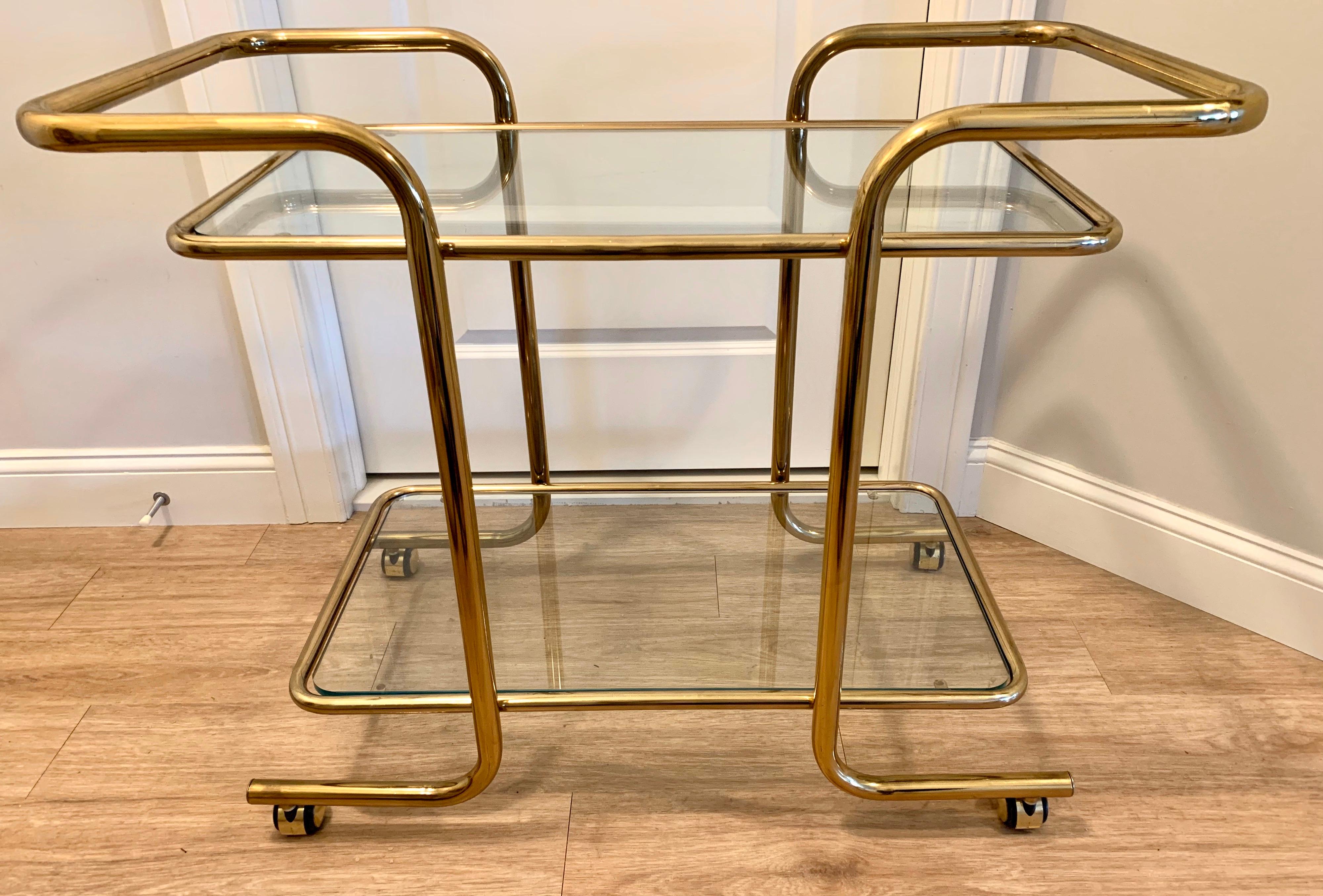 American Mid-Century Modern Rolling Tubular Brass and Glass Bar Cart, Tea Trolley Barcart