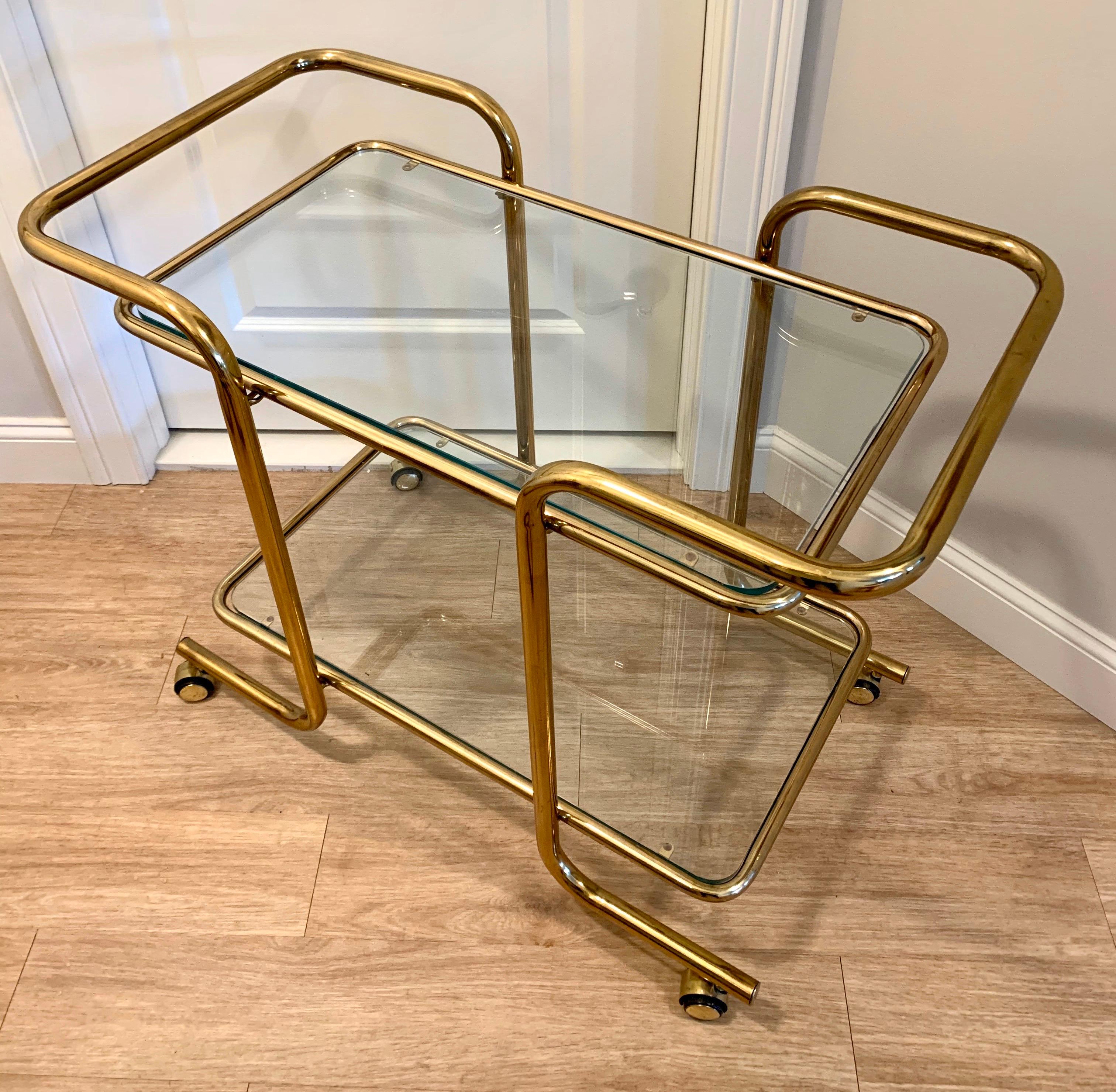 Mid-Century Modern Rolling Tubular Brass and Glass Bar Cart, Tea Trolley Barcart In Good Condition In West Hartford, CT