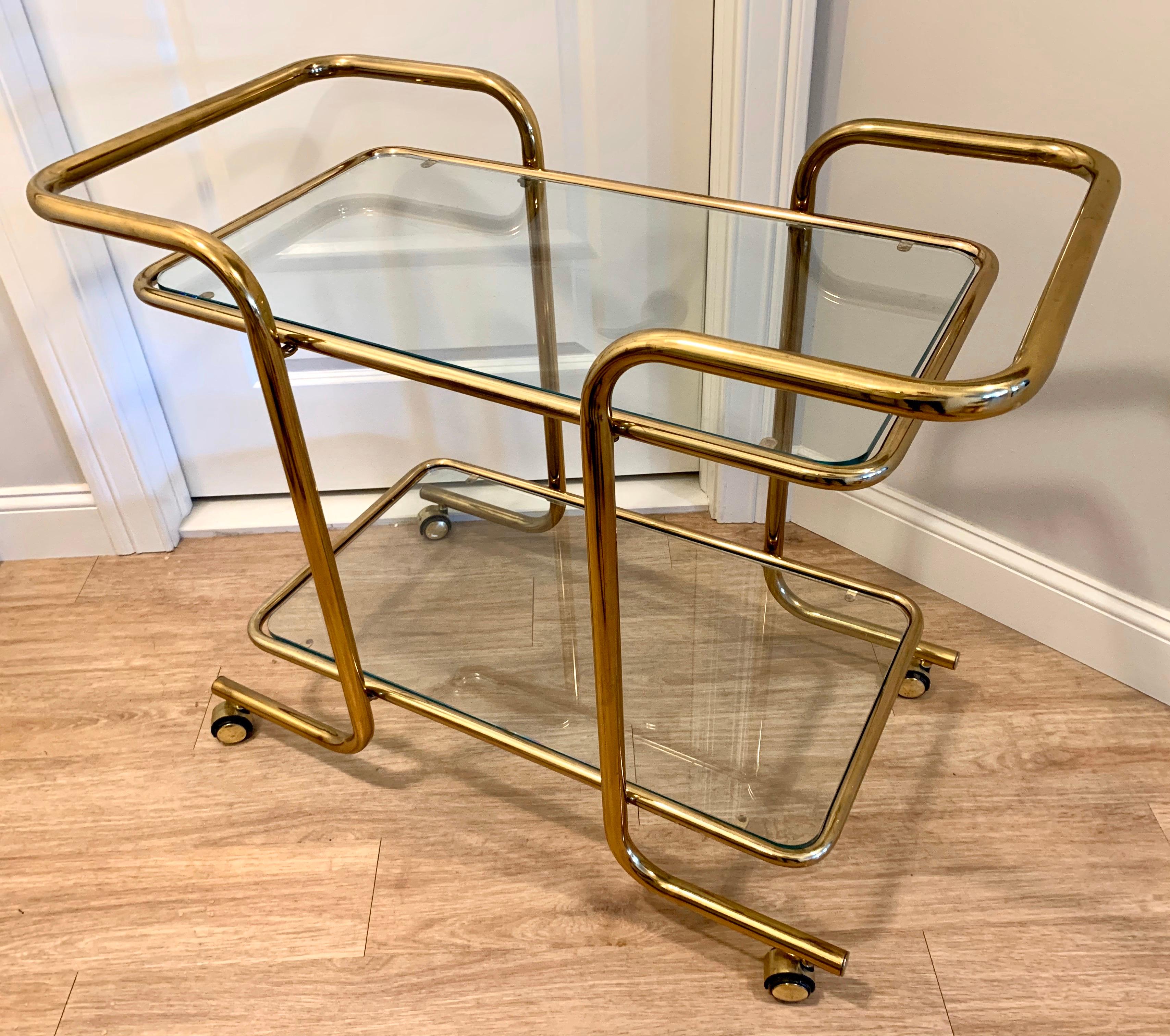 Late 20th Century Mid-Century Modern Rolling Tubular Brass and Glass Bar Cart, Tea Trolley Barcart