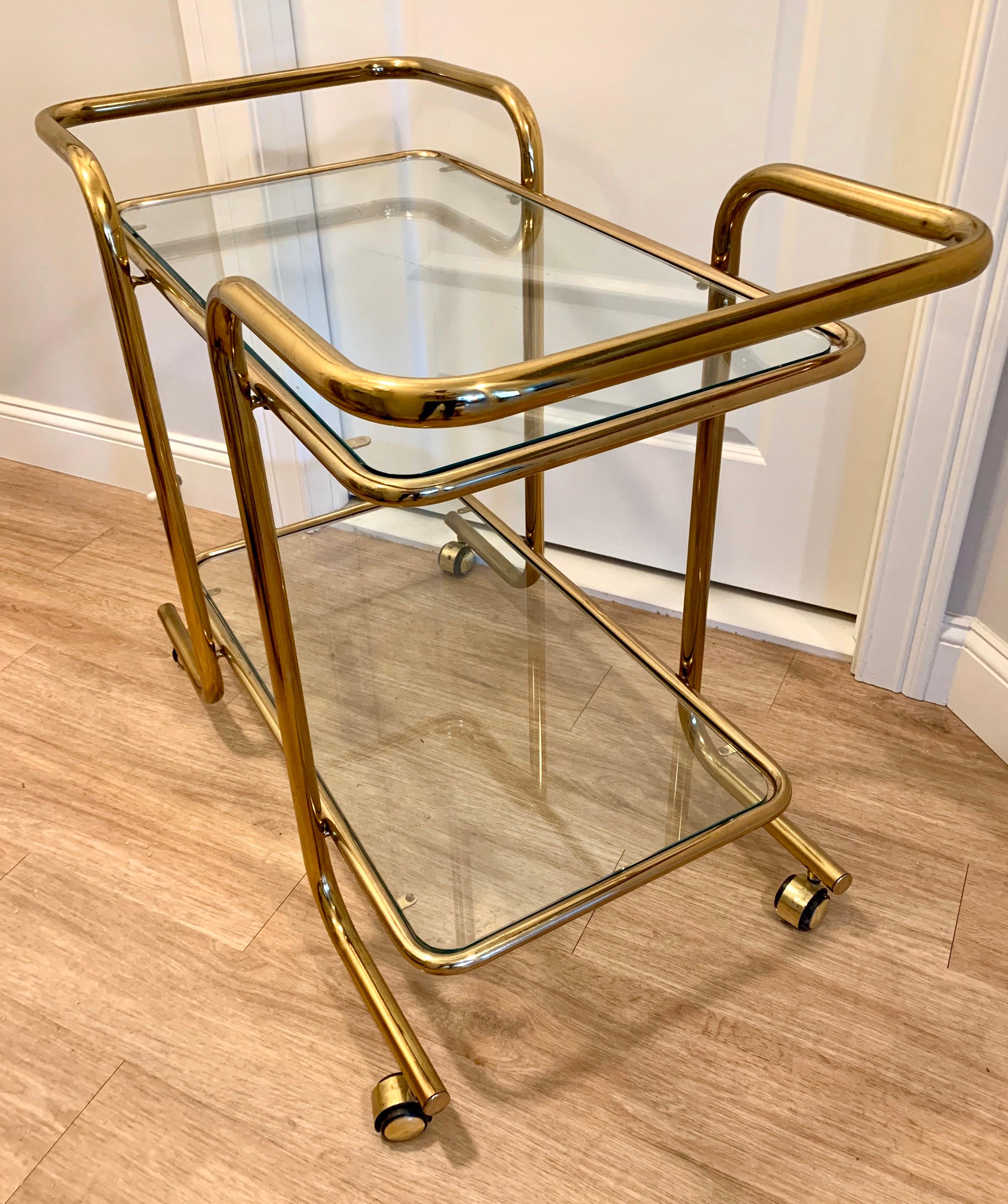 Mid-Century Modern Rolling Tubular Brass and Glass Bar Cart, Tea Trolley Barcart 1
