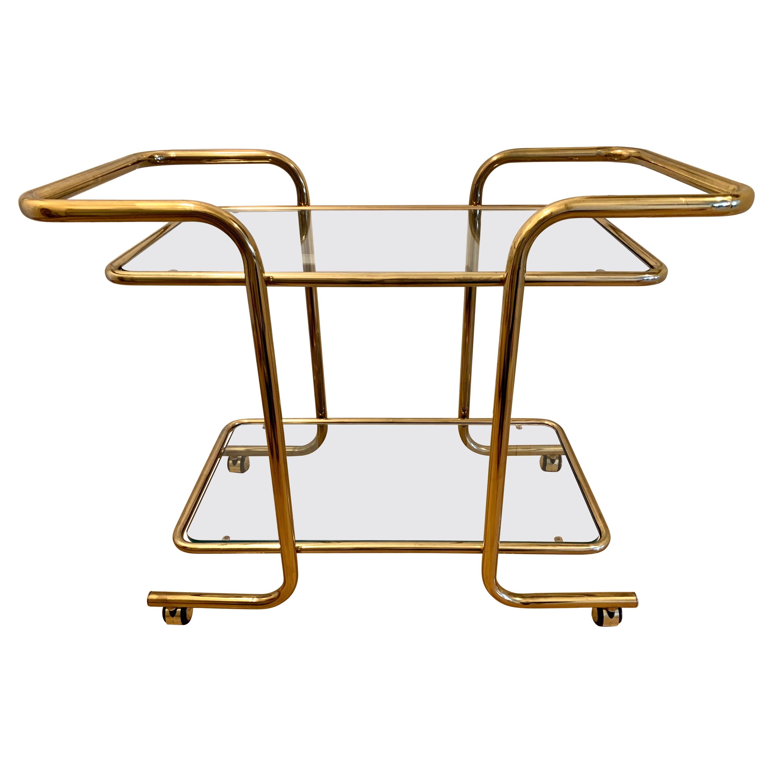 Mid-Century Modern Rolling Tubular Brass and Glass Bar Cart, Tea Trolley Barcart