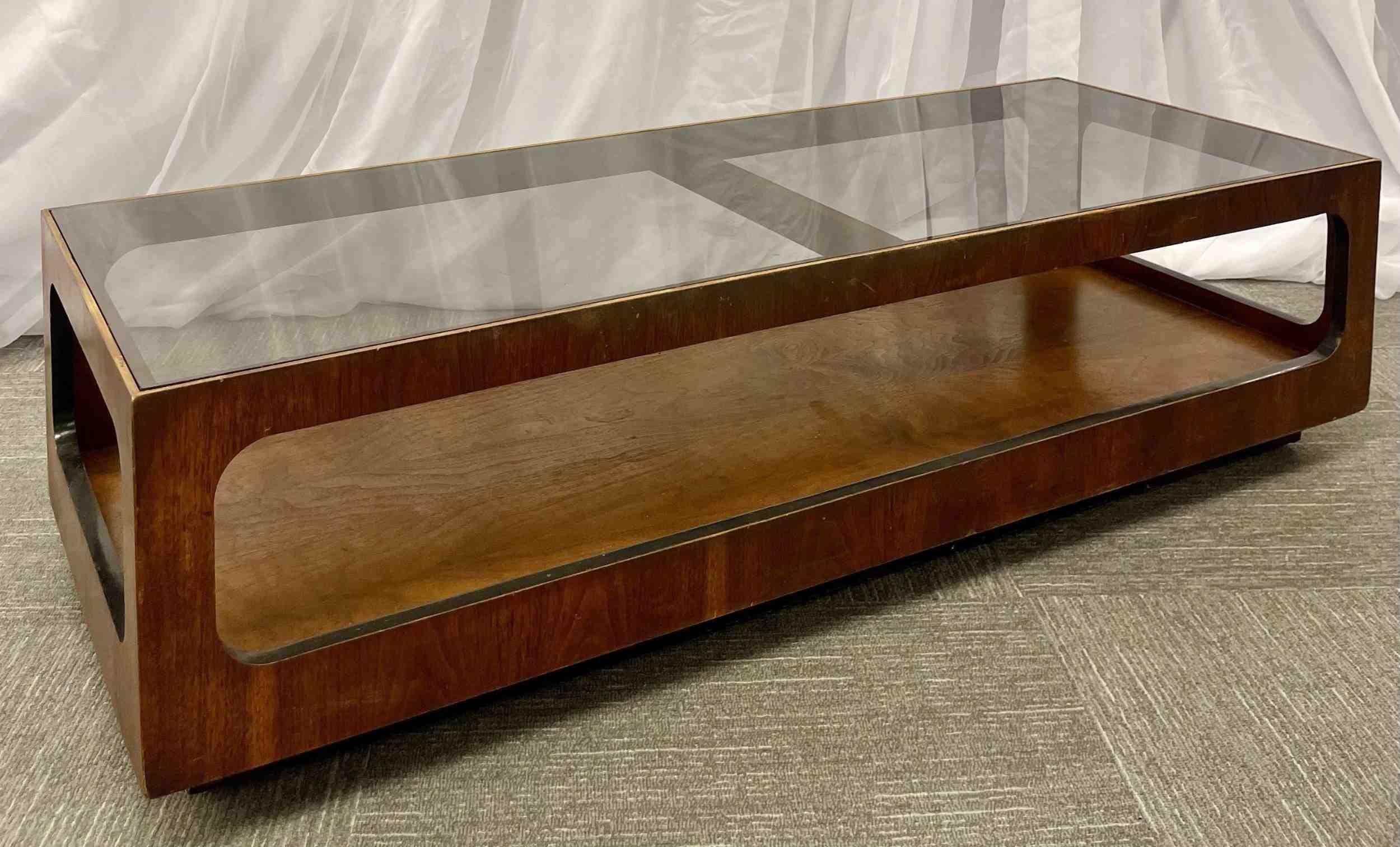 American Mid-Century Modern Rolling Two-Tier Coffee Table by Lane, Glass Top, Wheels