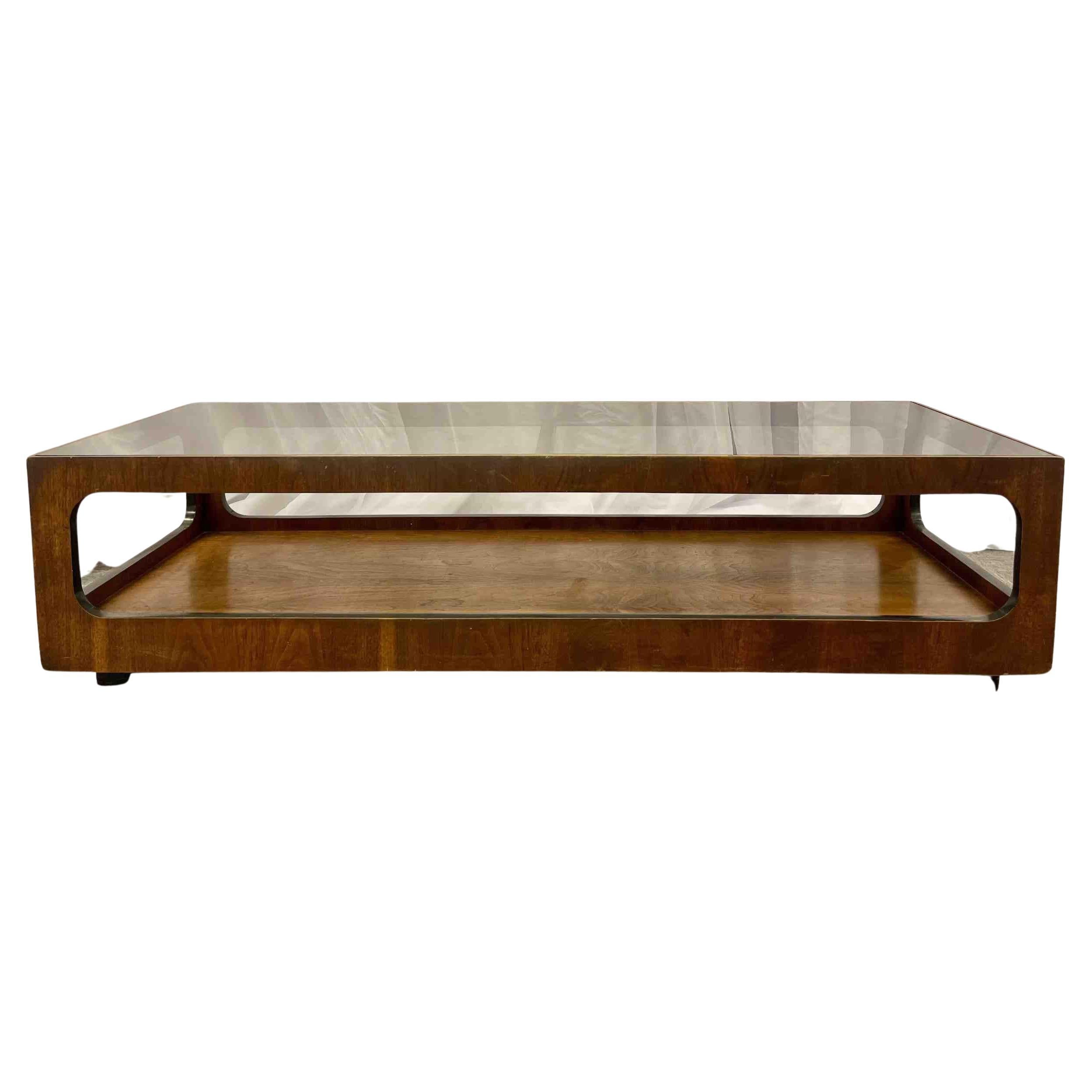 Mid-Century Modern Rolling Two-Tier Coffee Table by Lane, Glass Top, Wheels
