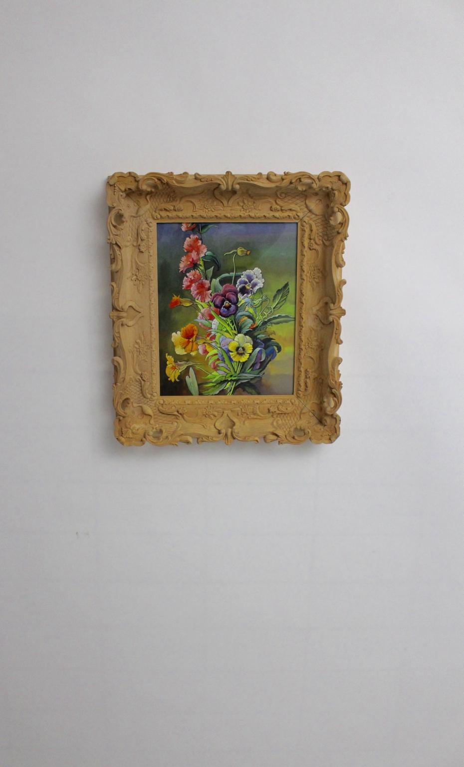 This presented delightful painting shows a motif flowers in bright shining colors by Max Dättl, 1960, Vienna.
Max Dättl, (1894-1989)
The naturalistic painting is framed in a hand carved bass wooden frame which shows also flowers.
Watercolors on