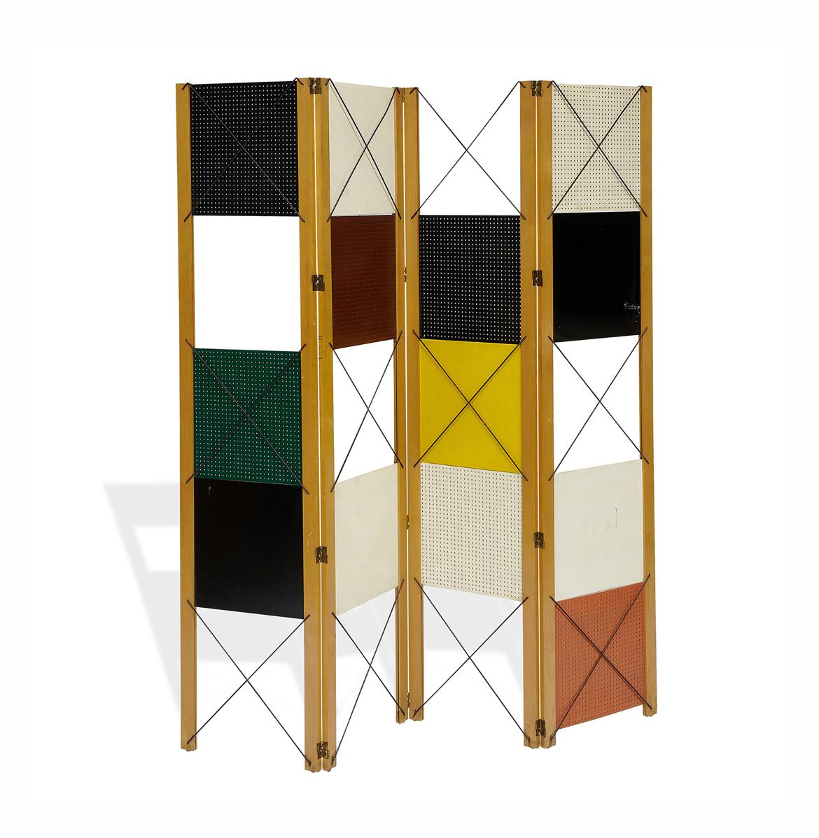 Beautiful room divider by Niels Clausen in painted masonite, maple, enameled steel, brass, Danish 1950s. Each section is 18