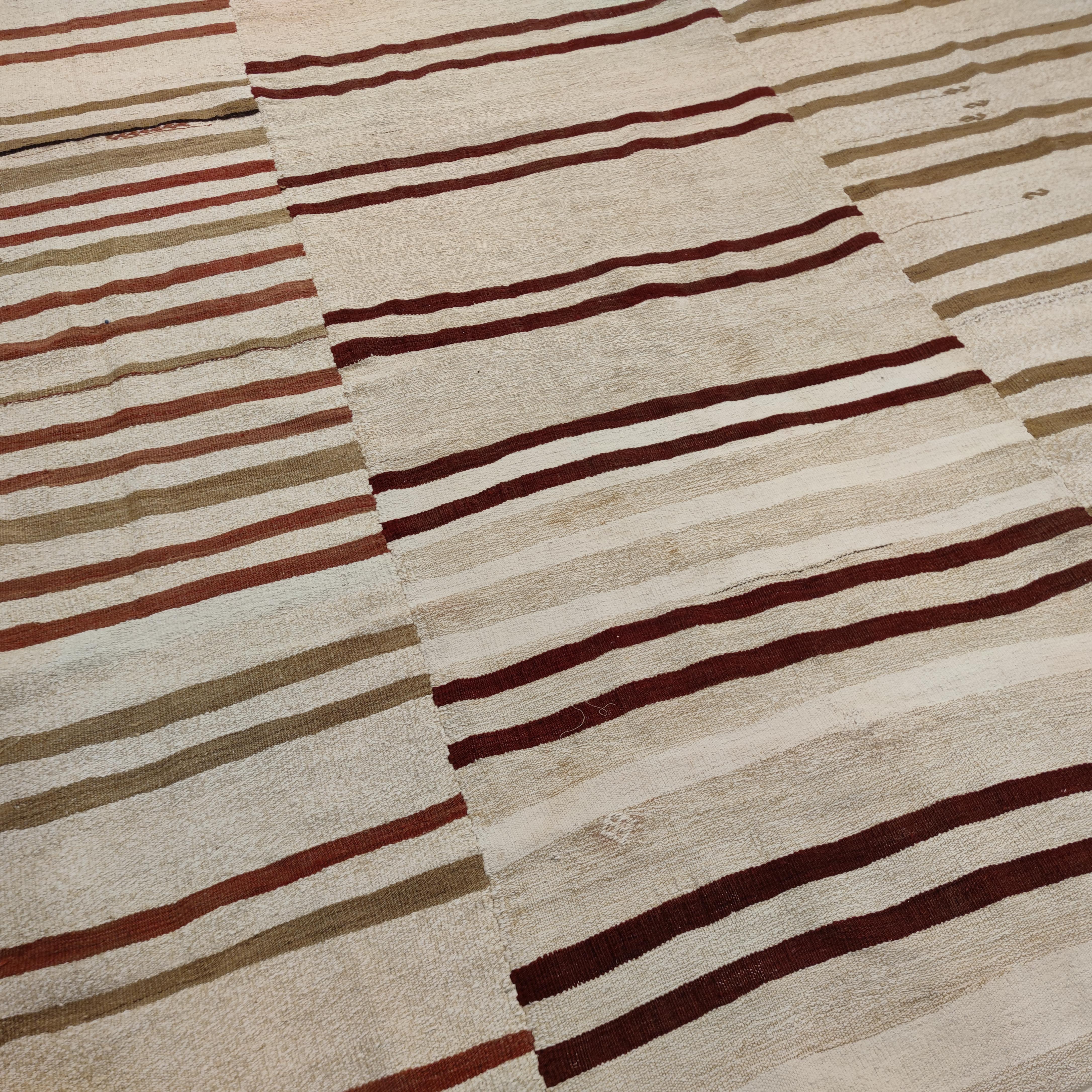 Turkish Mid Century Modern Room Size Square Anatolian Kilim with Polychrome Stripes For Sale