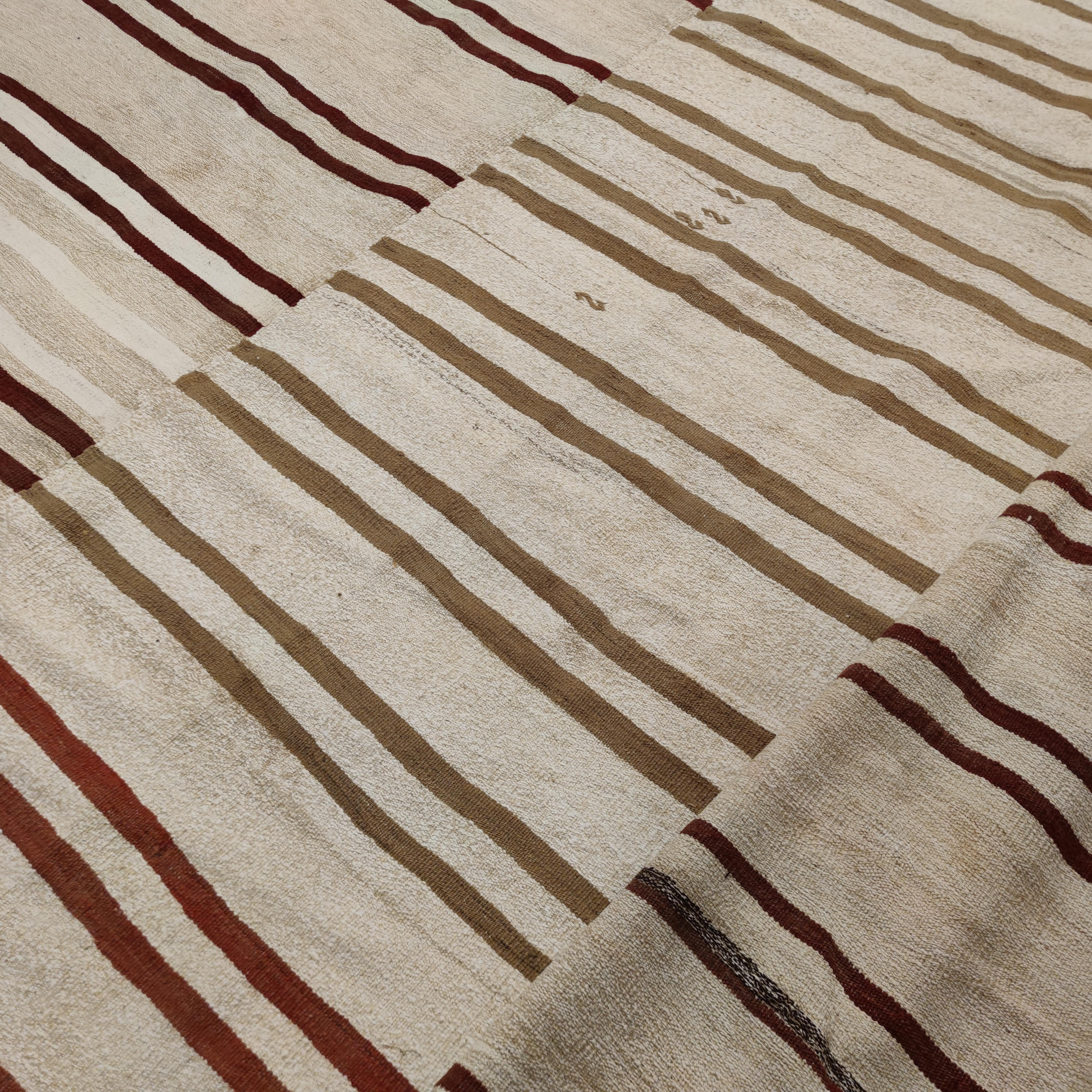 Hand-Woven Mid Century Modern Room Size Square Anatolian Kilim with Polychrome Stripes For Sale