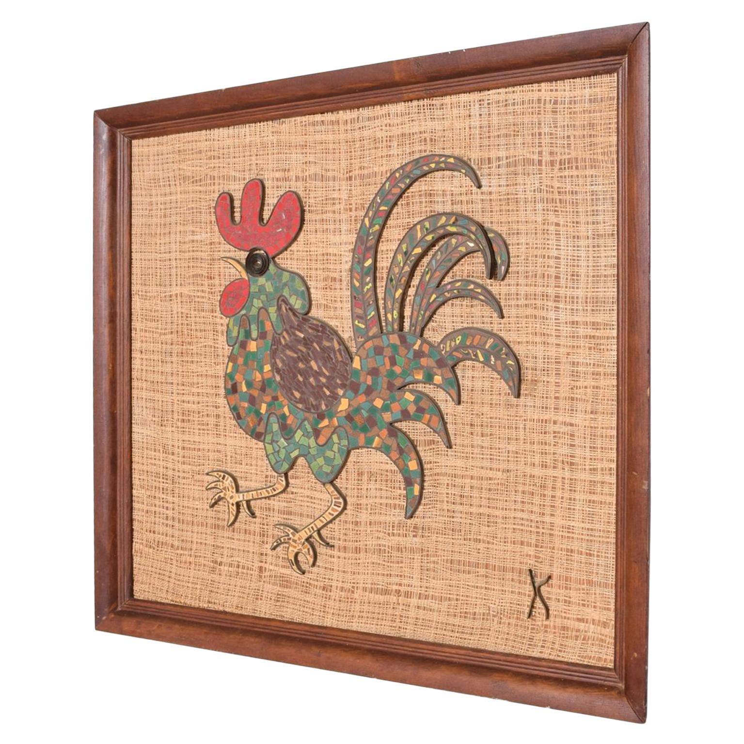 For your pleasure: Mid-Century Modern Mosaic Art in tile and bronze of a rooster. Mid-Century Modern Mosaic tile rooster Evelyn Ackerman art style wall hanging. Dimensions: 24 1/2