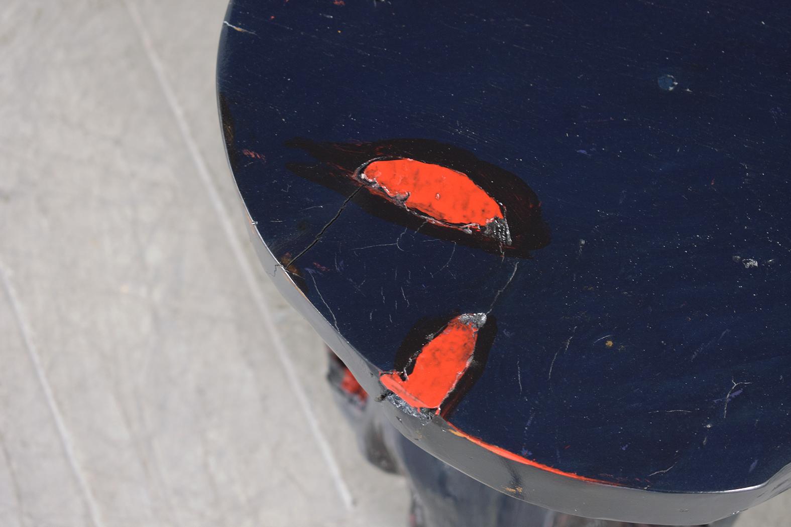 1960s Organic Modern Free-Form Wooden Side Table in Navy & Red Finish For Sale 1