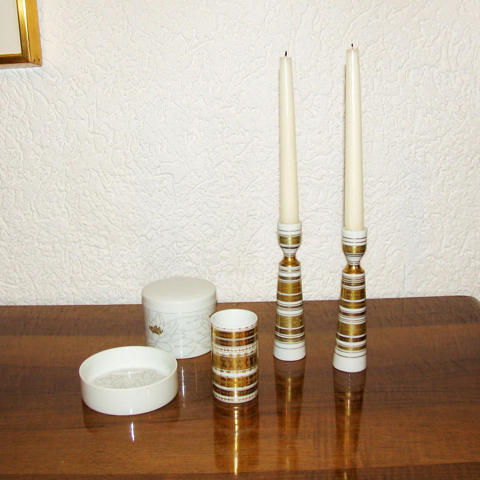 German Mid-Century Modern, Rosenthal Porcelain Candlesticks and Vase by Bjorn Wiinblad