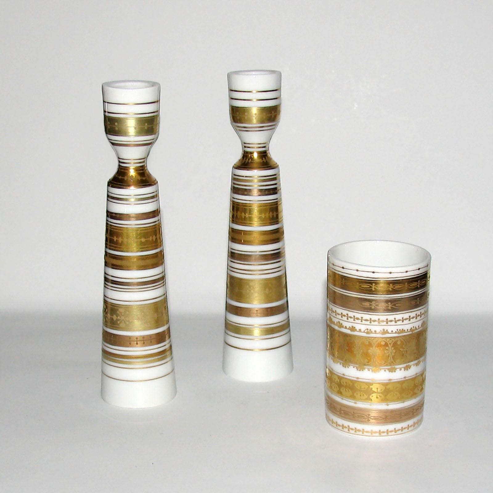 Hand-Painted Mid-Century Modern, Rosenthal Porcelain Candlesticks and Vase by Bjorn Wiinblad