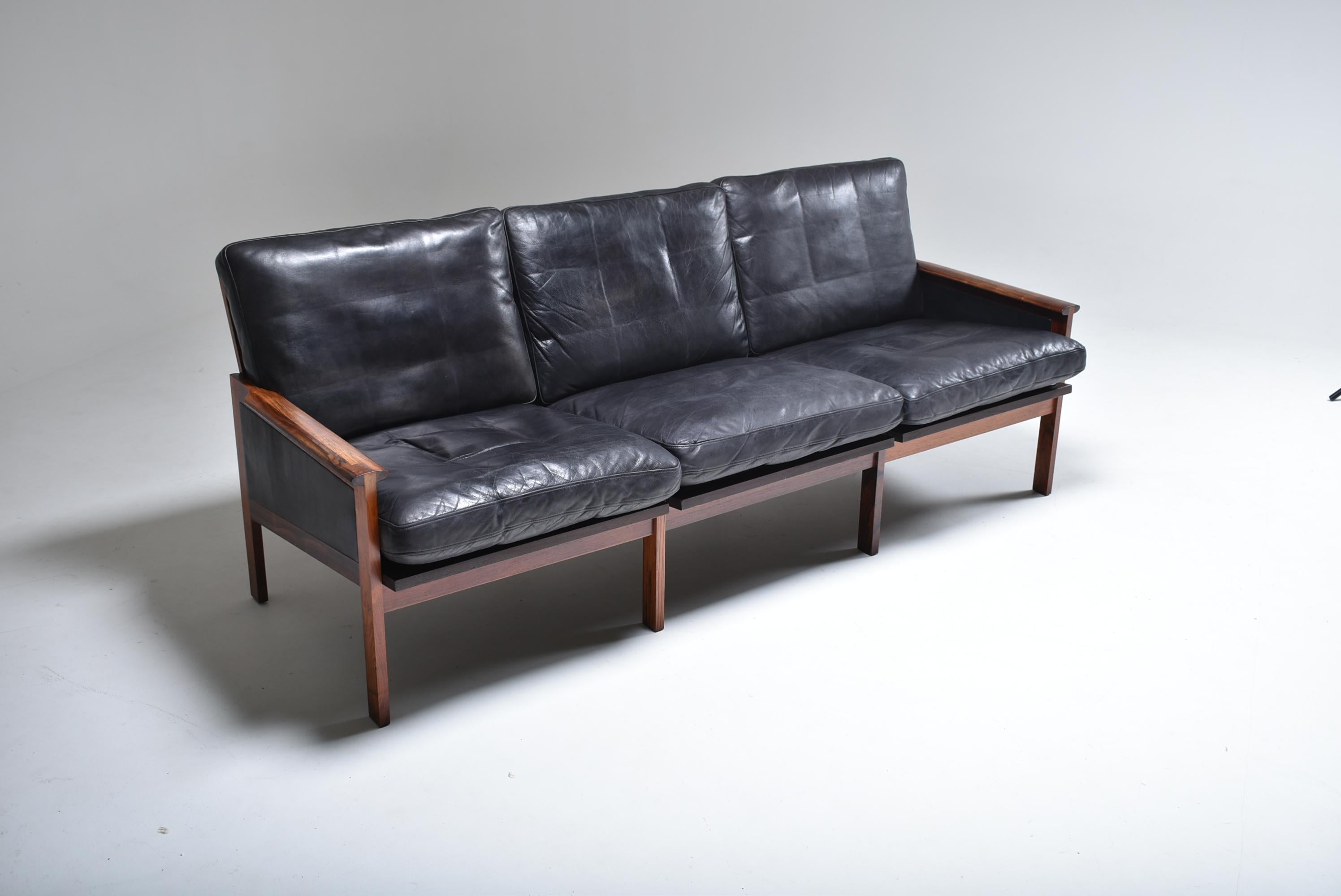 Danish Mid-Century Modern Rosewood and Black Leather Sofa, Illum Wikkelso, Denmark