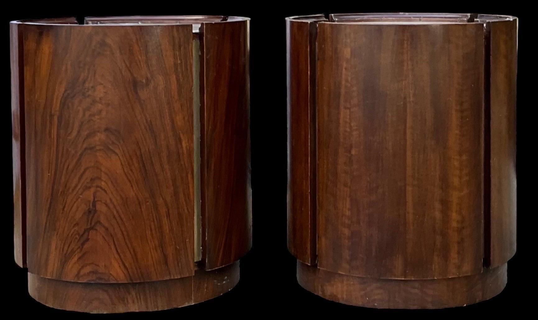American Mid-Century Modern Walnut And Brass Cylinder Form Drum Tables -Pair For Sale