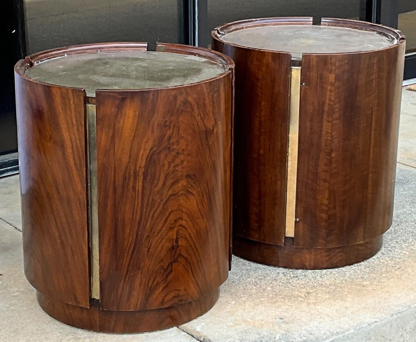 Mid-Century Modern Walnut And Brass Cylinder Form Drum Tables -Pair In Good Condition For Sale In Kennesaw, GA