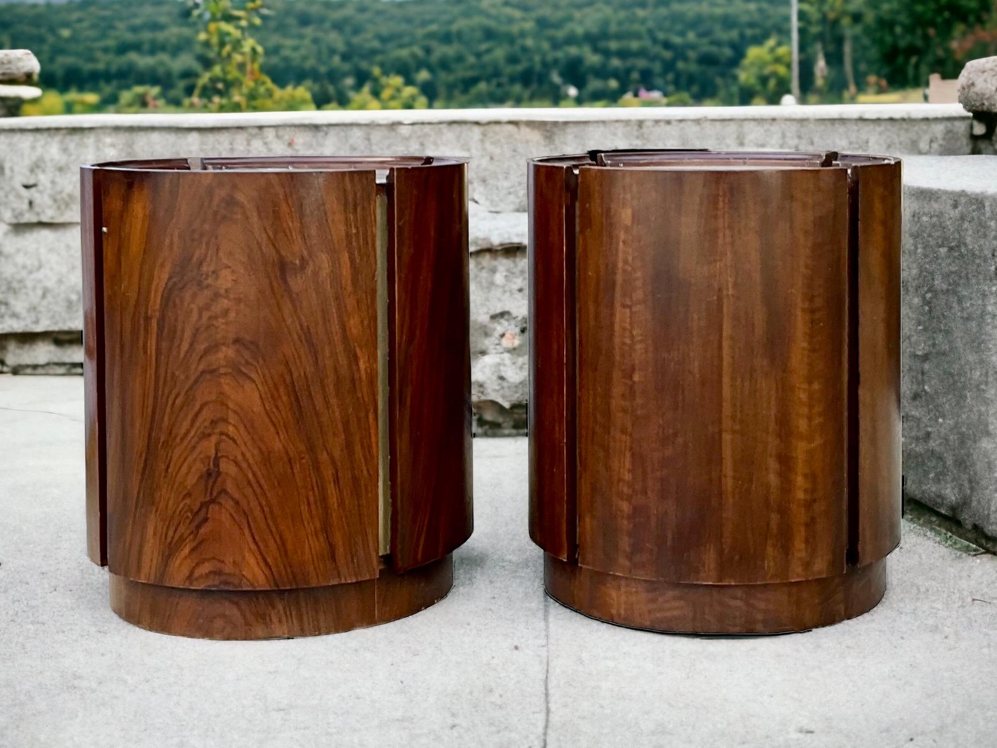 20th Century Mid-Century Modern Walnut And Brass Cylinder Form Drum Tables -Pair For Sale