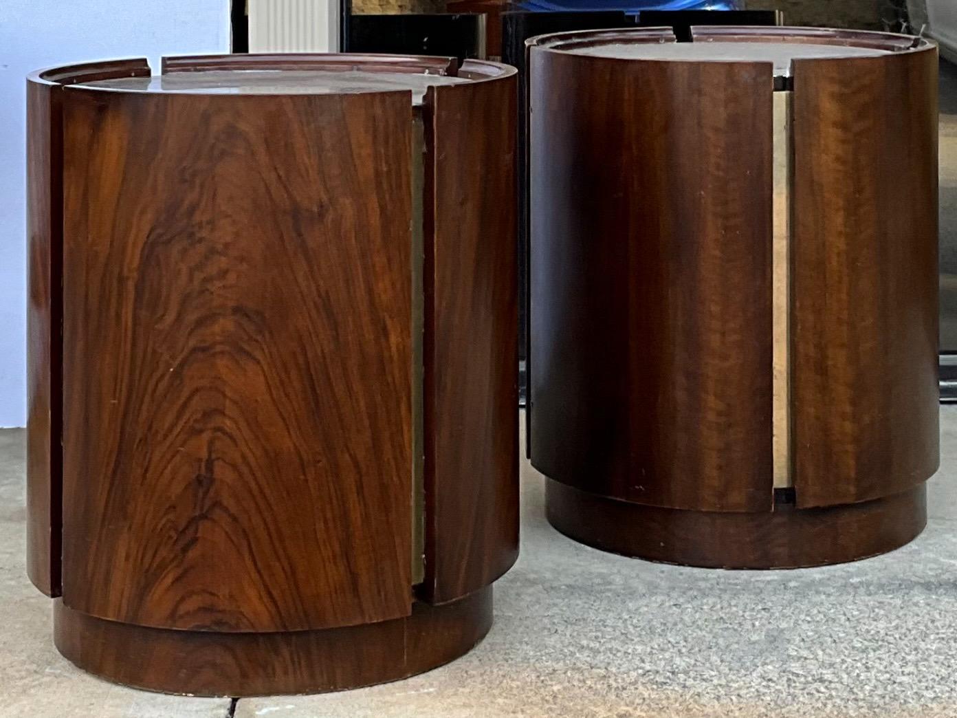 Mid-Century Modern Walnut And Brass Cylinder Form Drum Tables -Pair For Sale 1