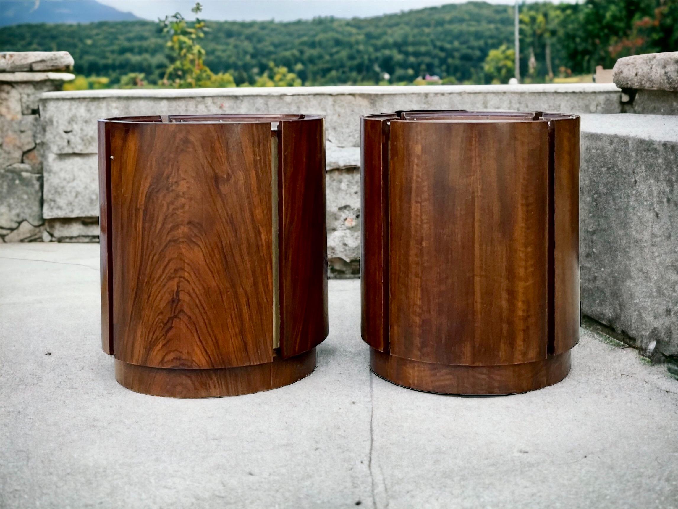 Mid-Century Modern Walnut And Brass Cylinder Form Drum Tables -Pair For Sale 3