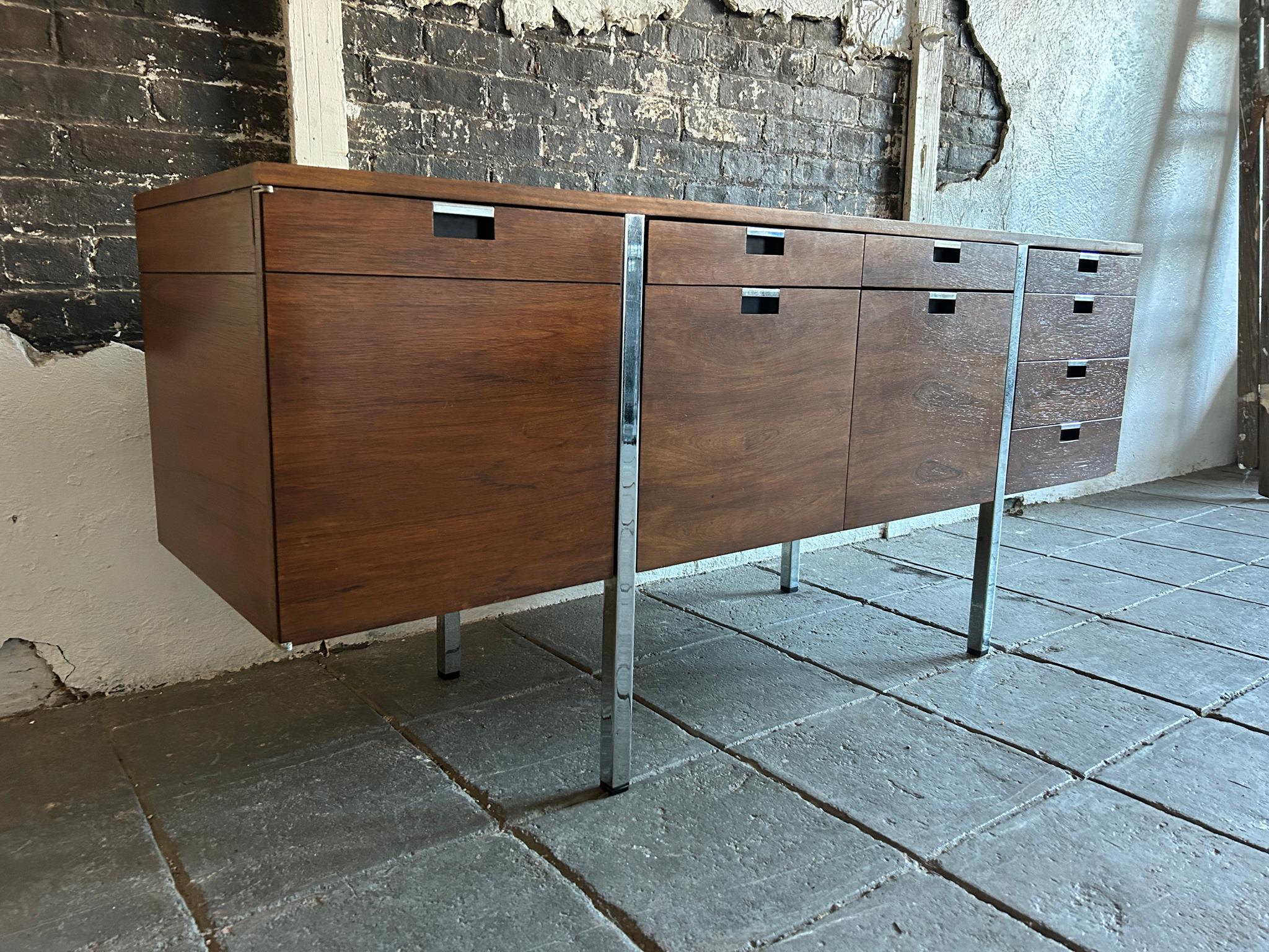 Steel Mid century Modern Rosewood and chrome credenza by Roger Sprunger Dunbar For Sale