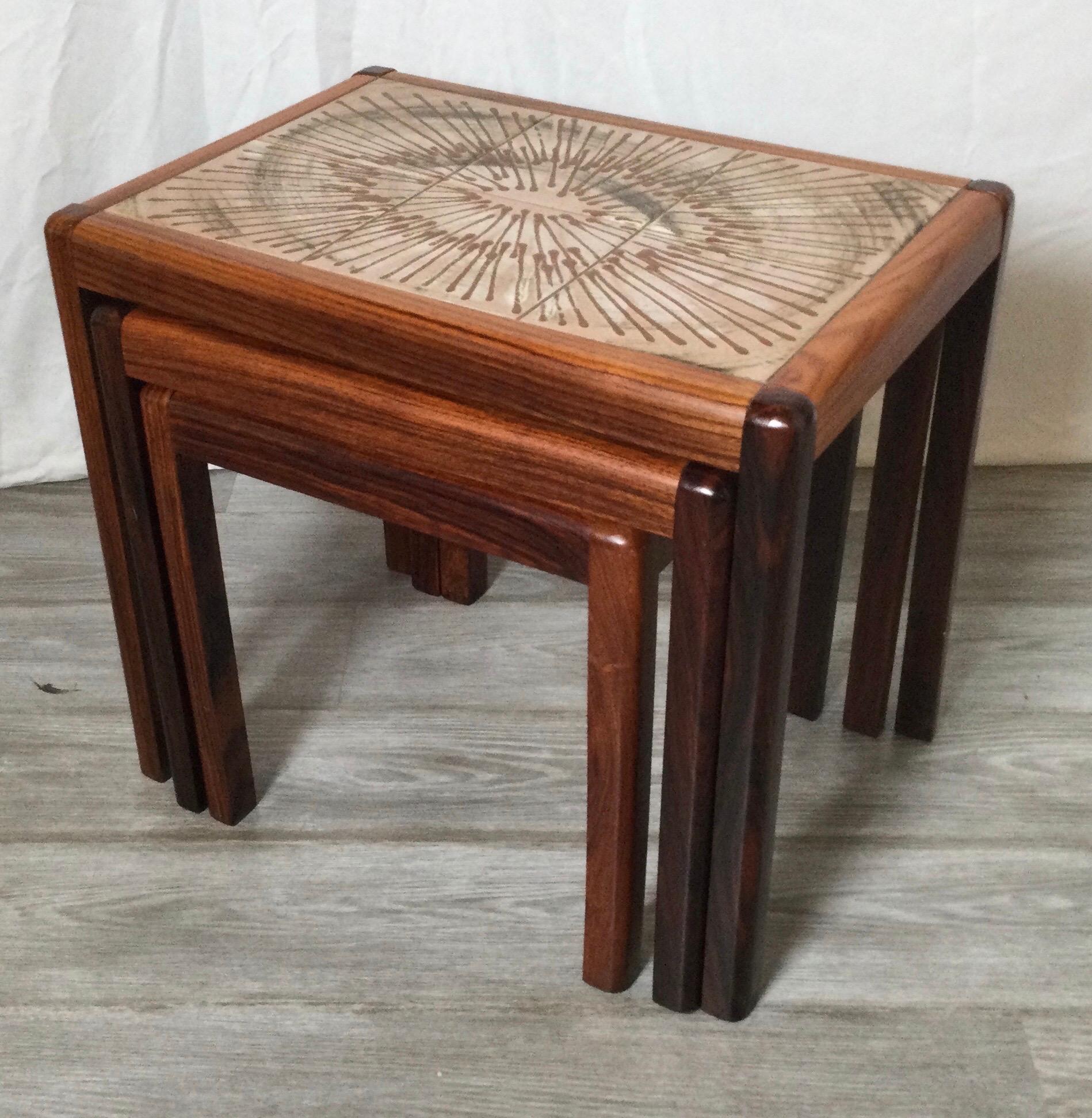 American Mid-Century Modern Rosewood and Tile Set of Three Stack Tables For Sale