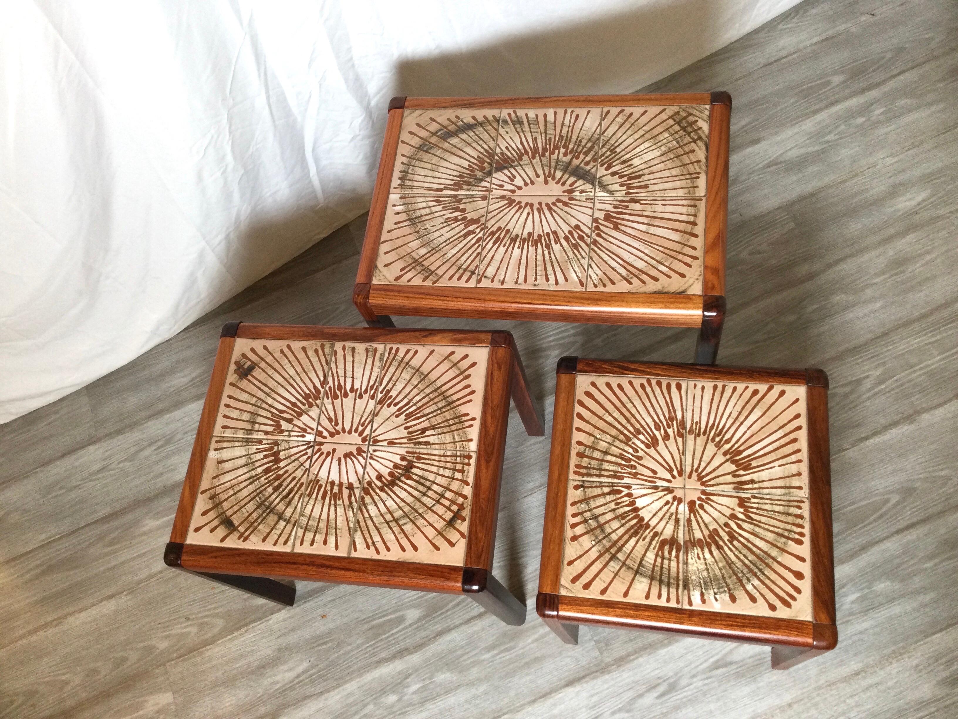 20th Century Mid-Century Modern Rosewood and Tile Set of Three Stack Tables For Sale