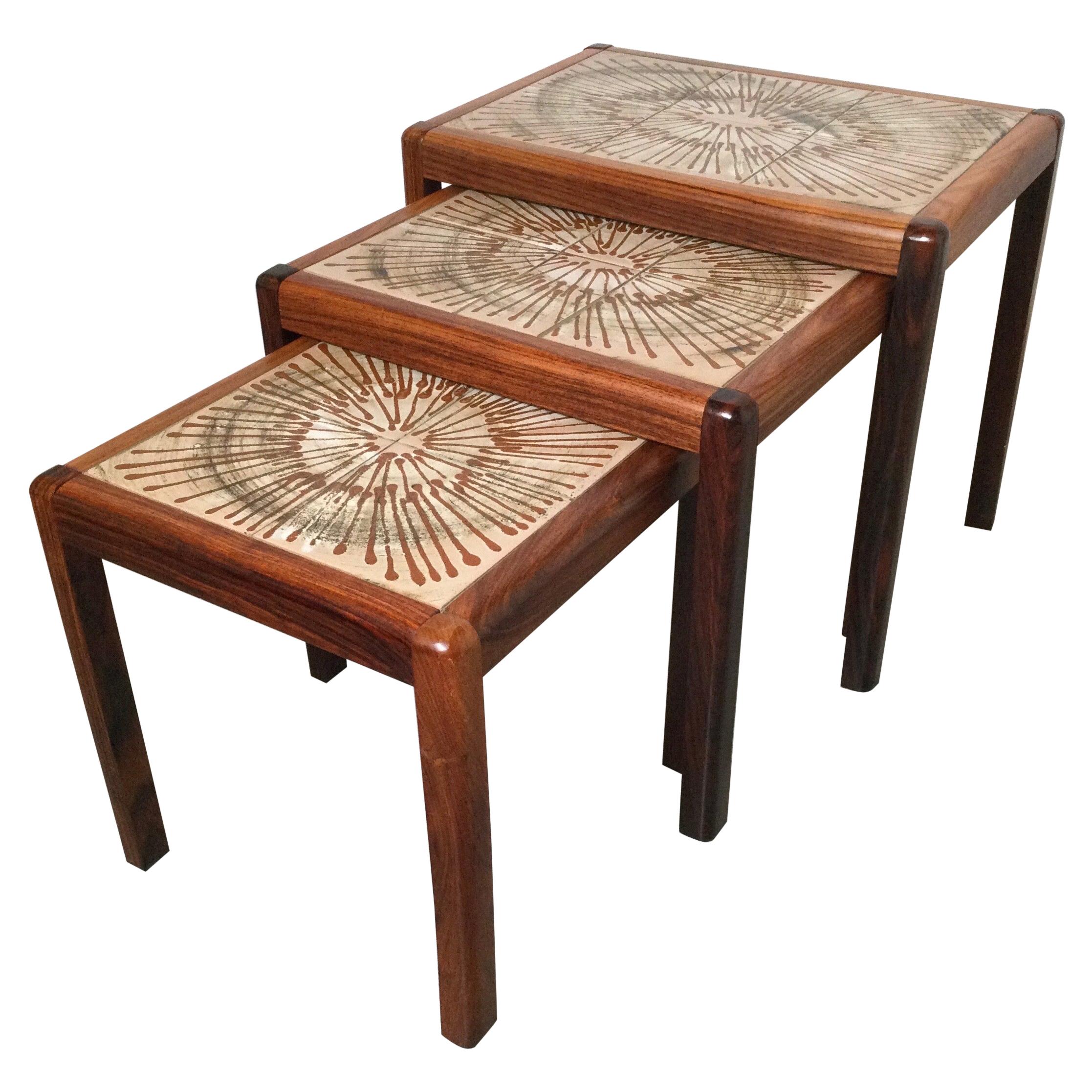Mid-Century Modern Rosewood and Tile Set of Three Stack Tables