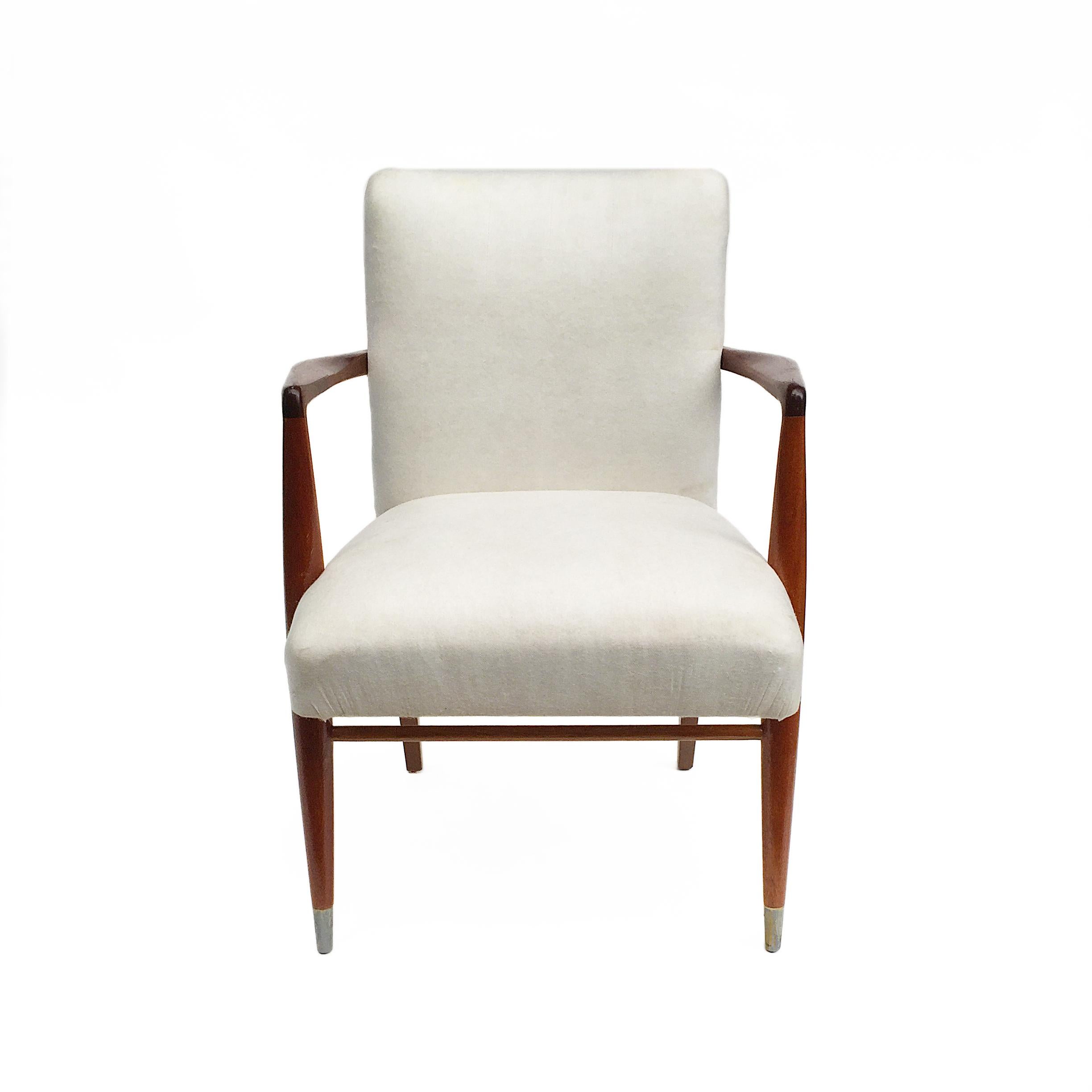 Three Classic Art Deco inspired Mid-Century Modern armchairs in rosewood frame and metal caps on the front feet. The armchairs have been restored and they are ready for upholstery with the final fabric of your choice, currently covered with lining