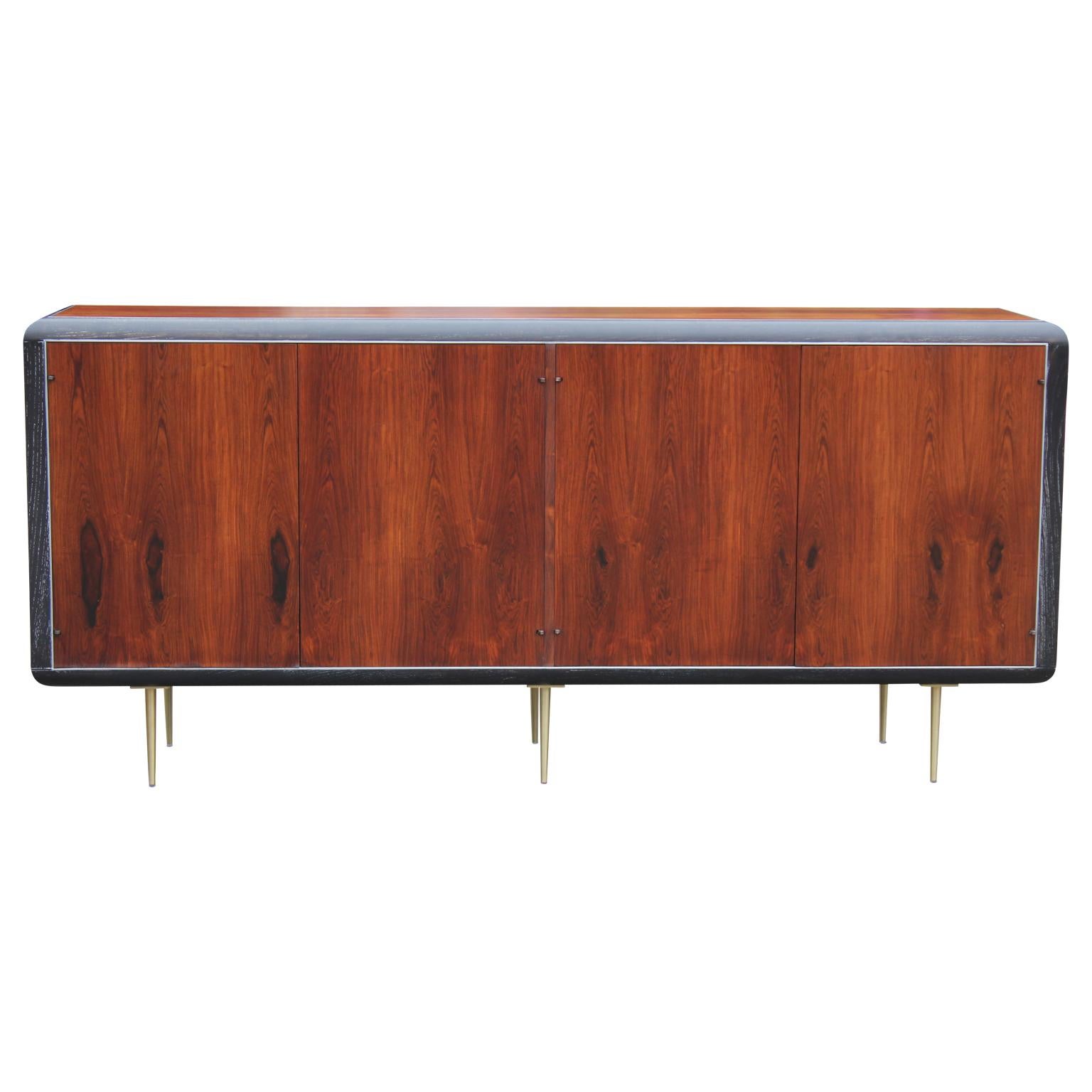 Beautiful modern rosewood, brass and chrome sideboard or credenza by Glenn of California, circa 1960s.