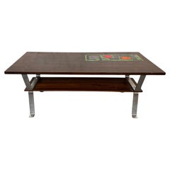 Mid-Century Modern Rosewood & Chrome Coffee Table with Ceramic Tile Inlay